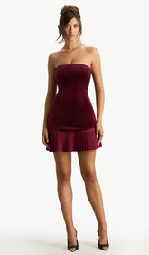 Velvet Bandeau Mini Dress With Pleated