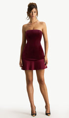 Velvet Bandeau Mini Dress With Pleated
