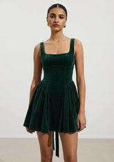 Velvet Square Neckline Backless Mini Dress
