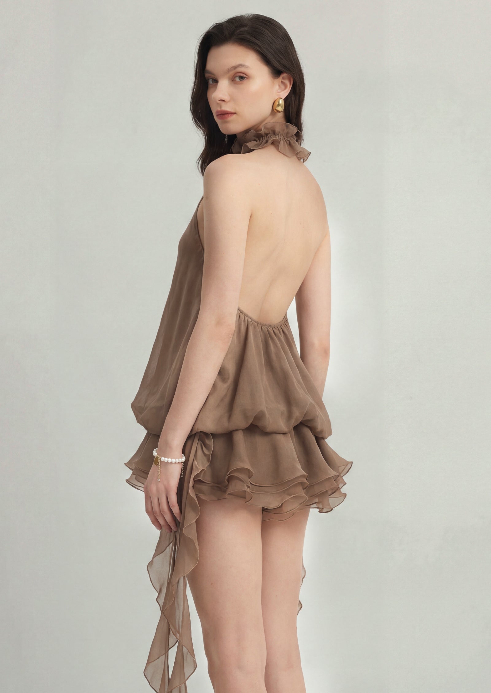 Ruffle Halter Irregular Backless Mini Dress