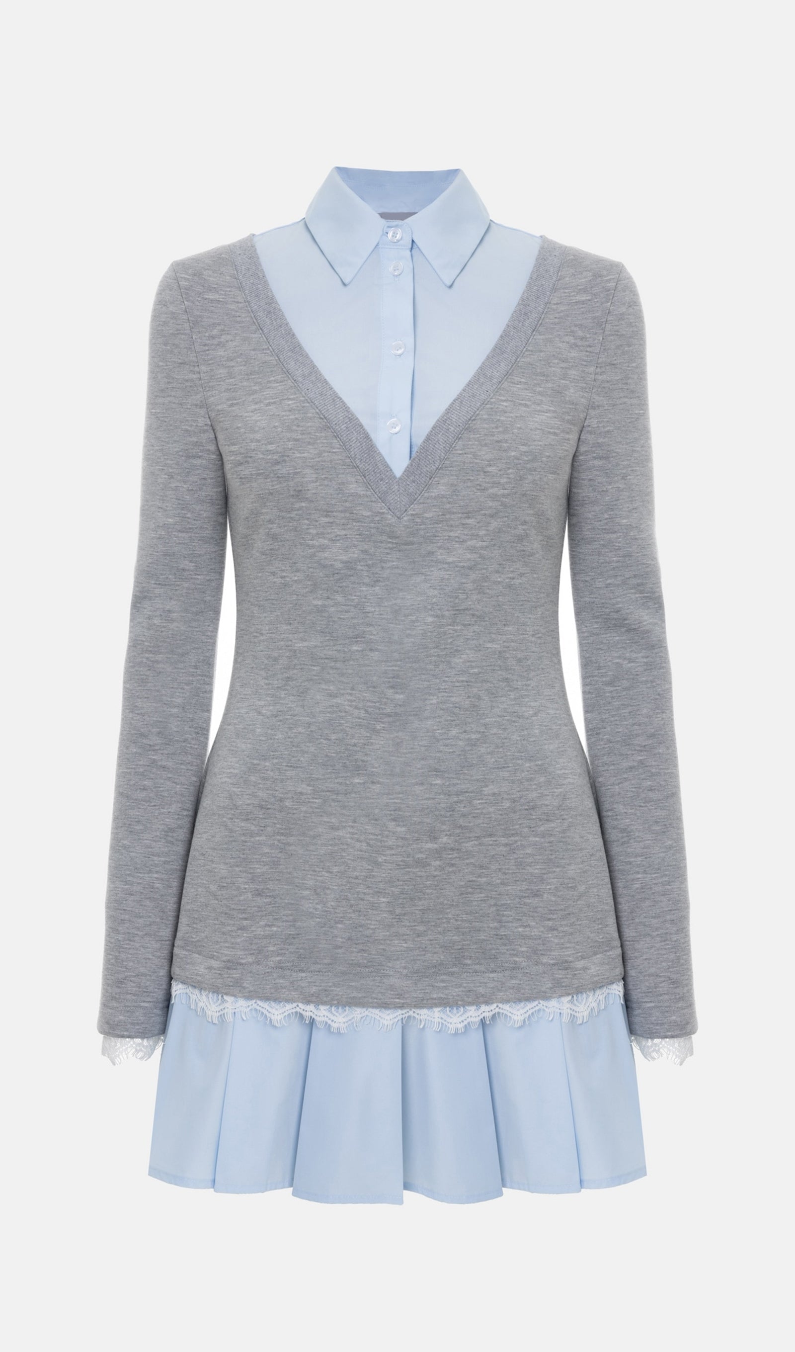 Shirt With Imitation Lace Decor Mini Dress In Grey