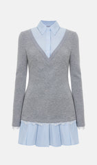 Shirt With Imitation Lace Decor Mini Dress In Grey