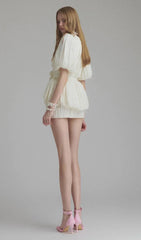 V Neck 3D Floral Pleated Mini Dress