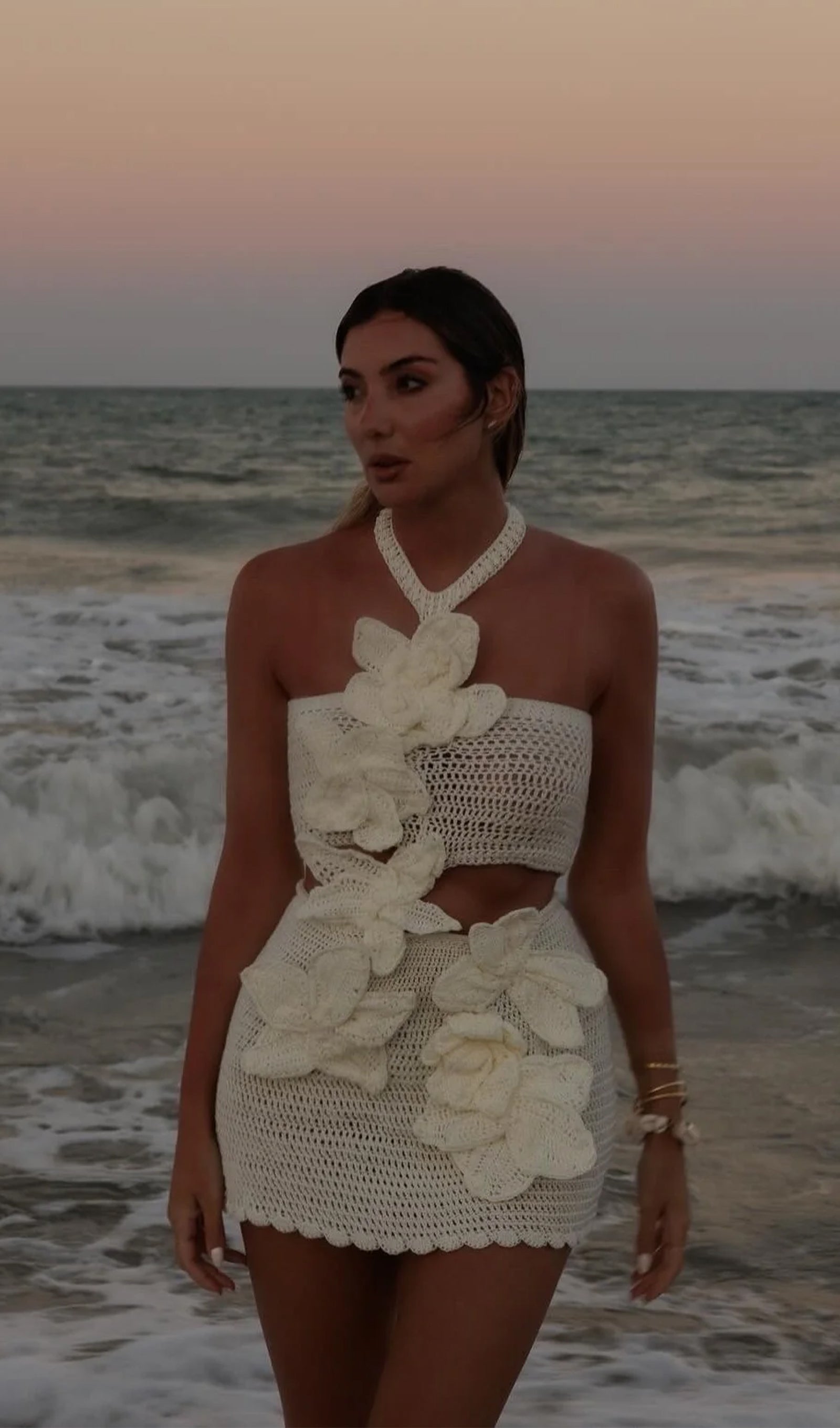 Knitted Flowers Hollow Out Mini Dress In White/Black