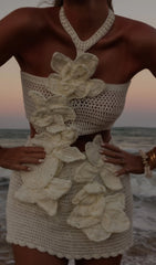 Knitted Flowers Hollow Out Mini Dress In White/Black