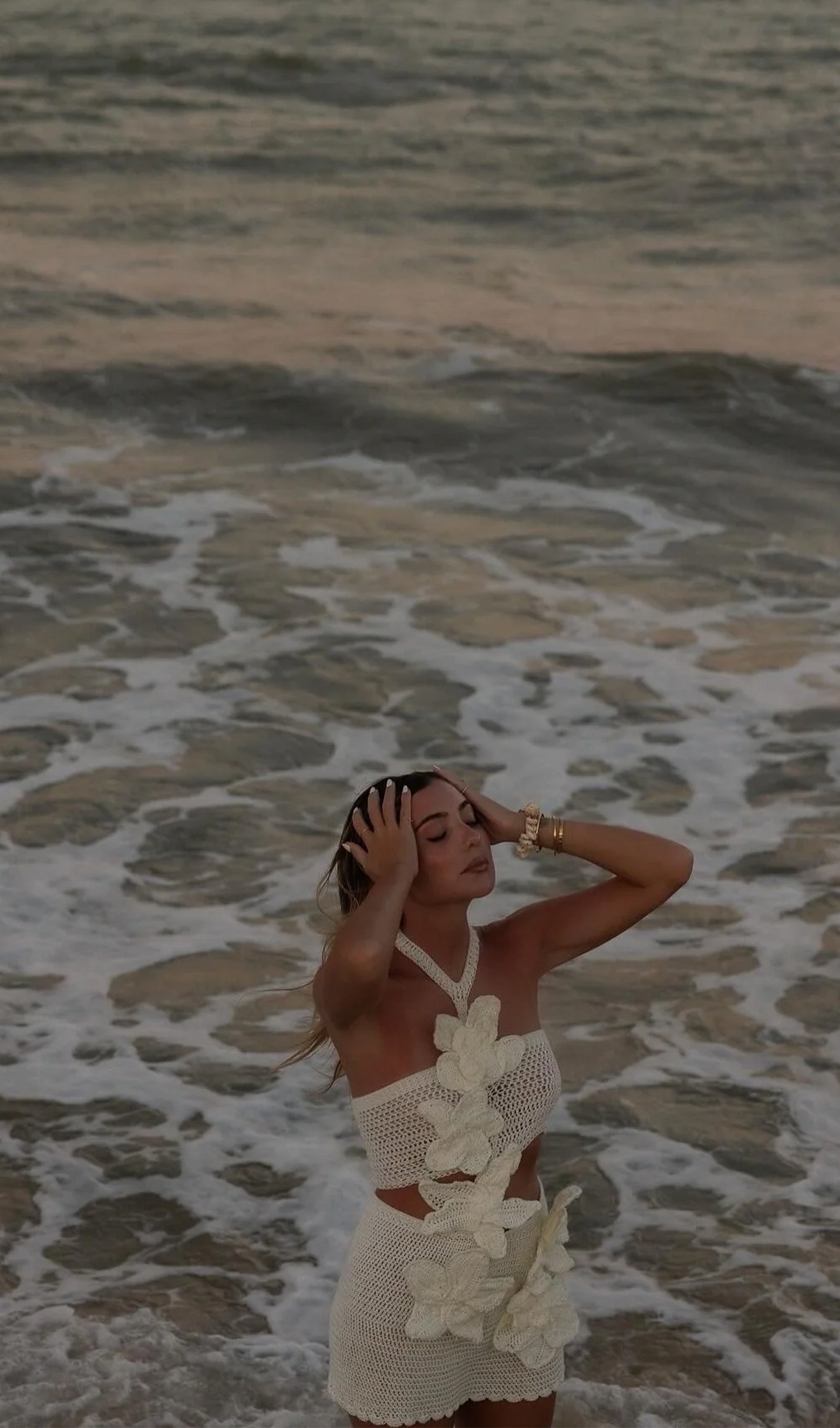 Knitted Flowers Hollow Out Mini Dress In White/Black