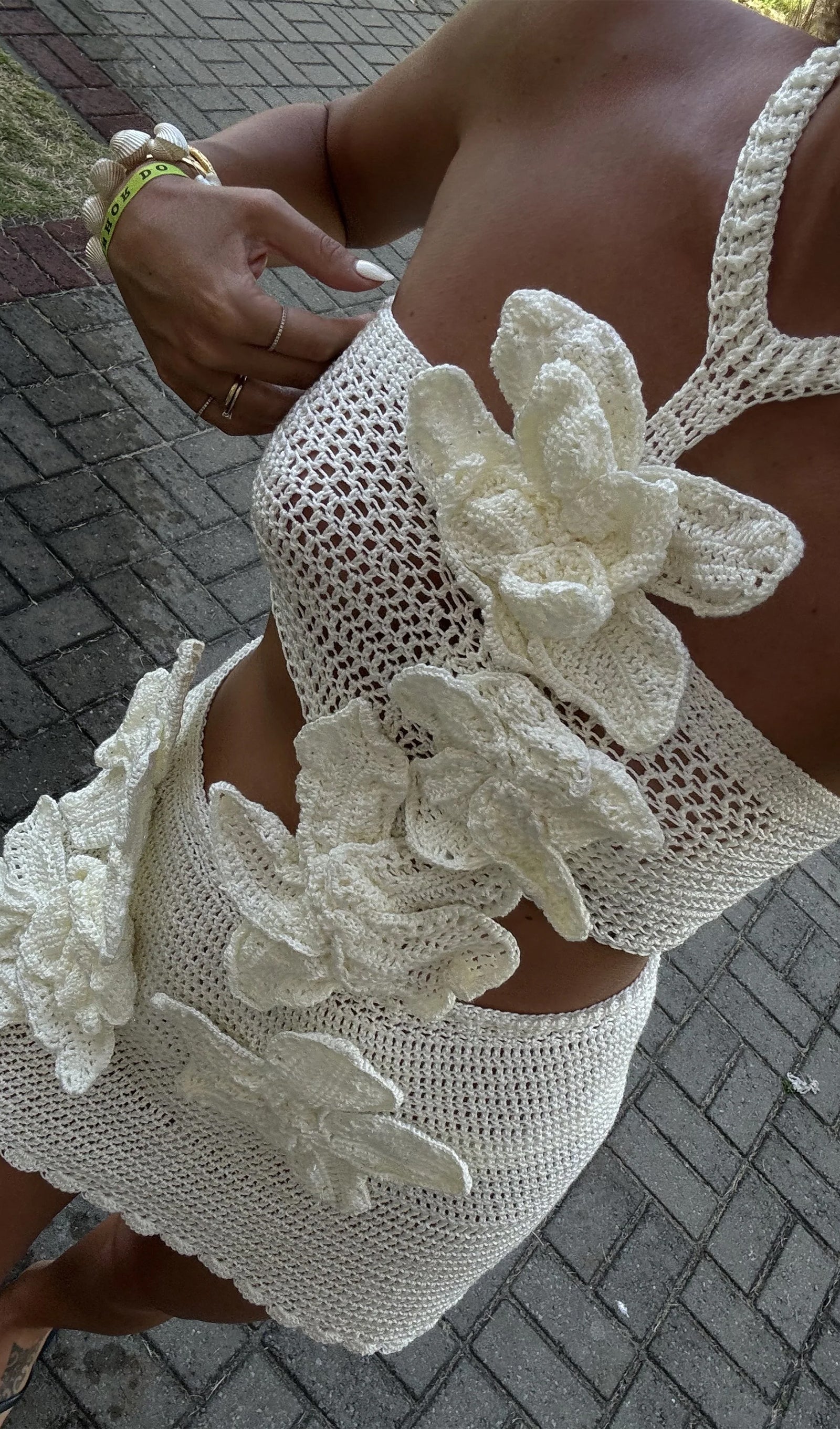 Knitted Flowers Hollow Out Mini Dress In White/Black