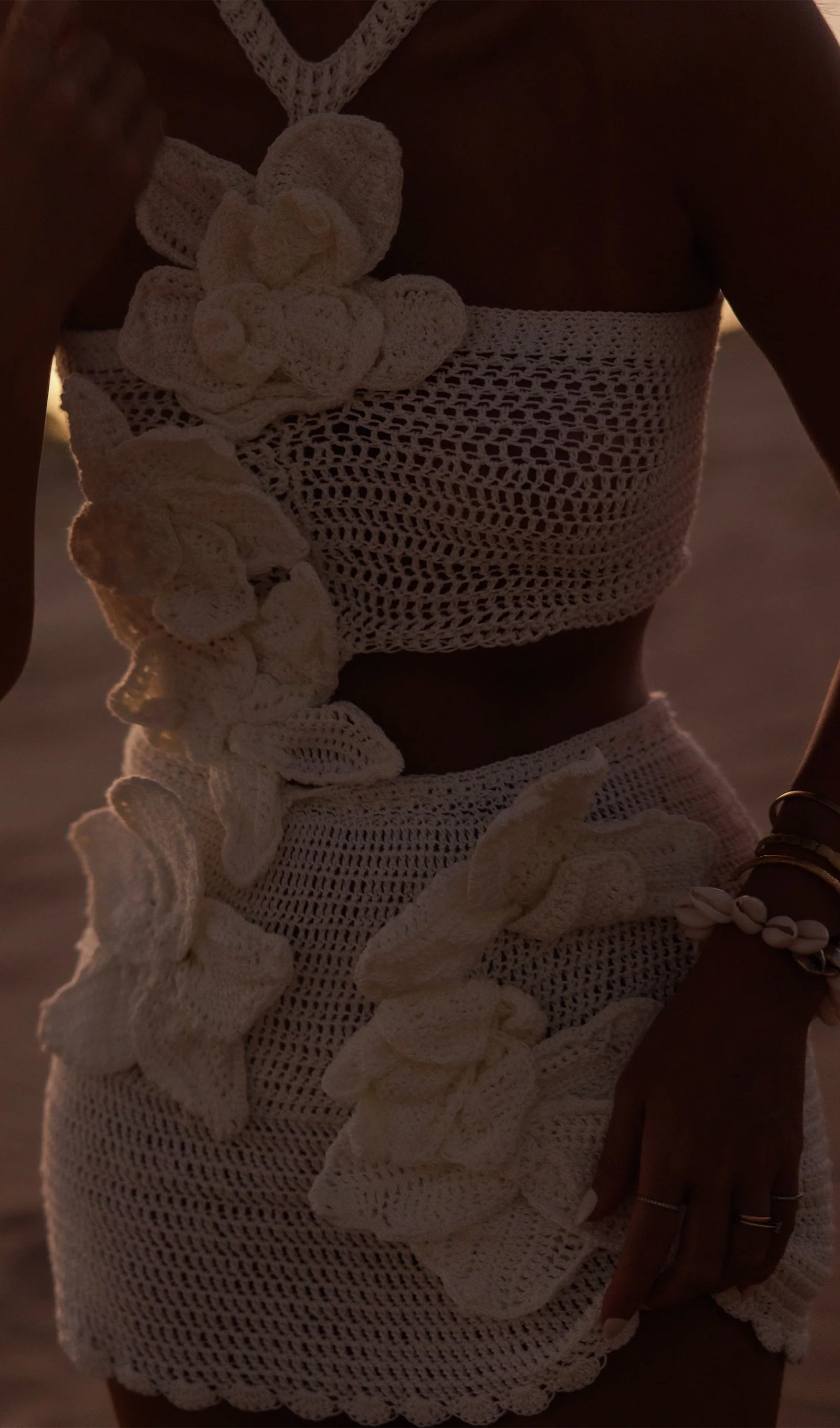 Knitted Flowers Hollow Out Mini Dress In White/Black