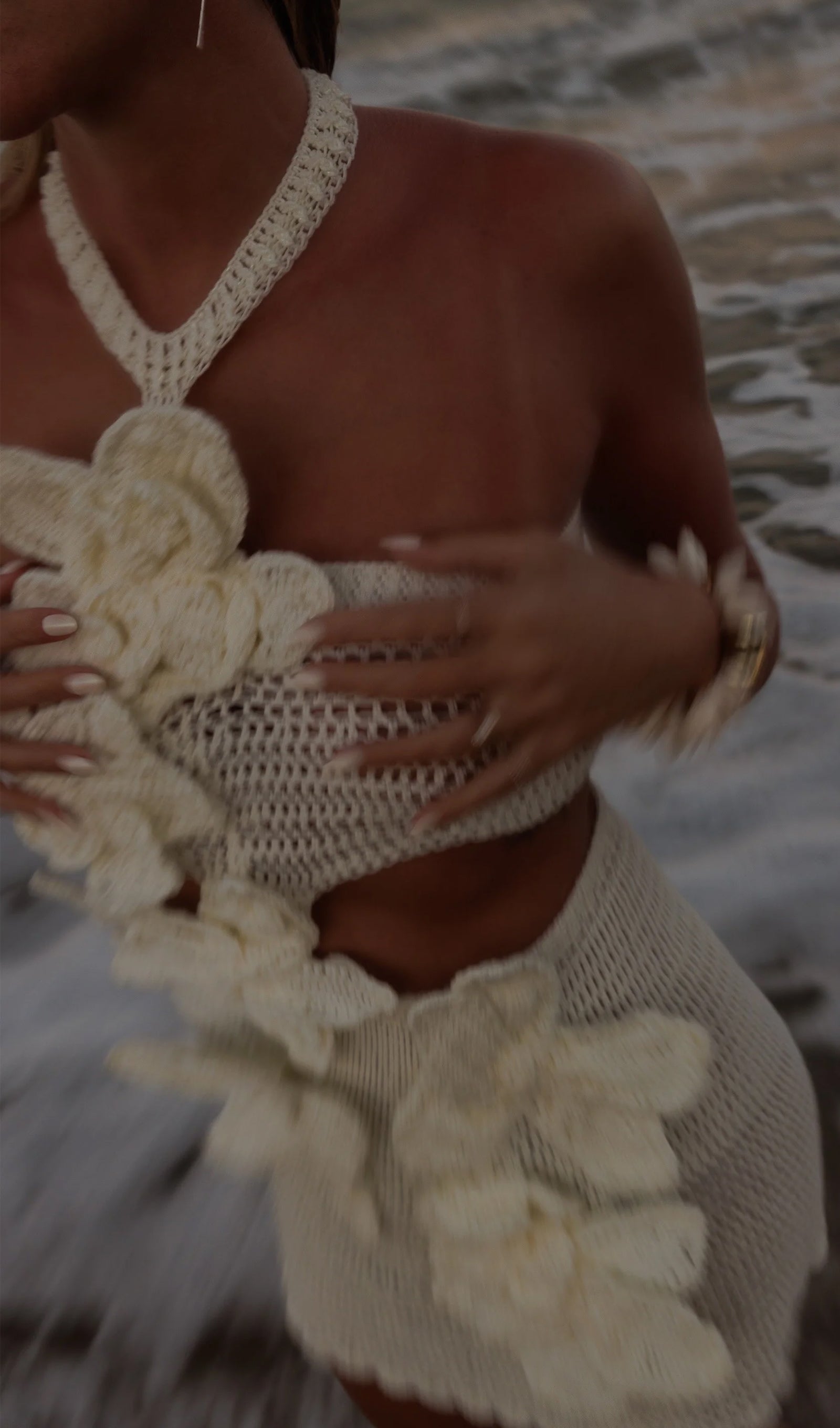 Knitted Flowers Hollow Out Mini Dress In White/Black