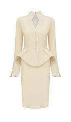 Solid Peplum Jacket & Slit Midi Skirt Set