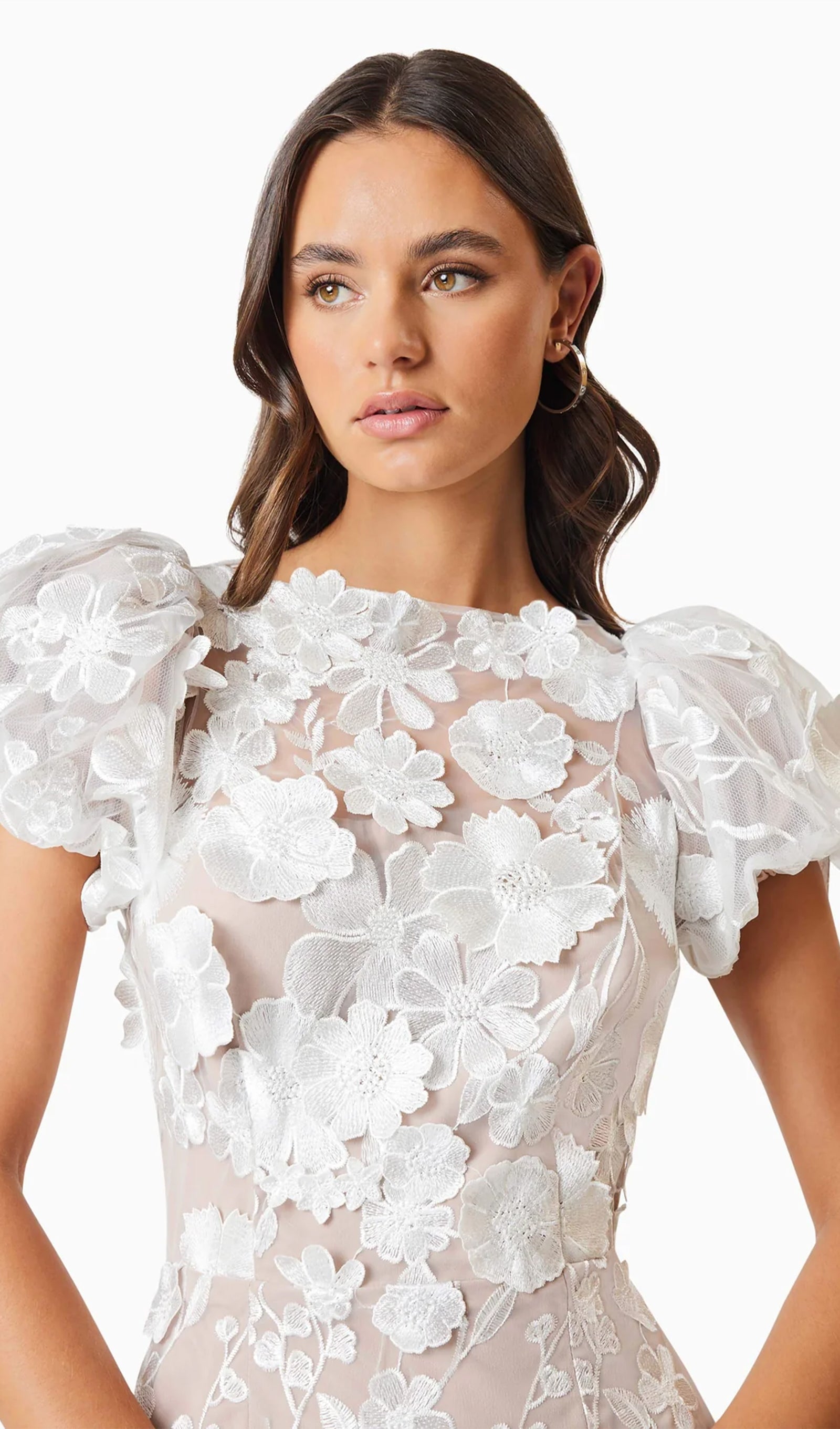 Floral 3D Lace Midi Dress In White