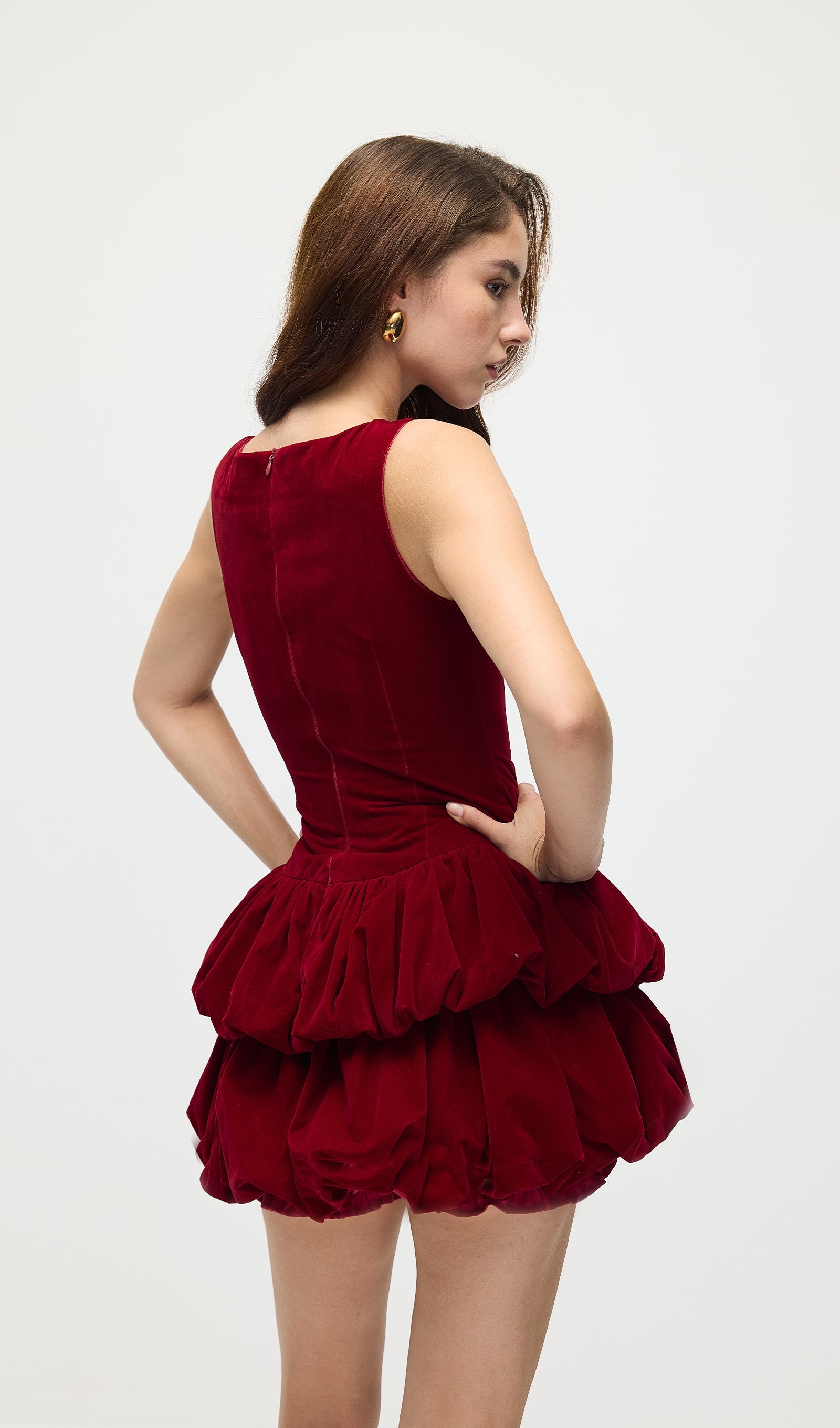 Velvet Tiered Mini Dress In Red