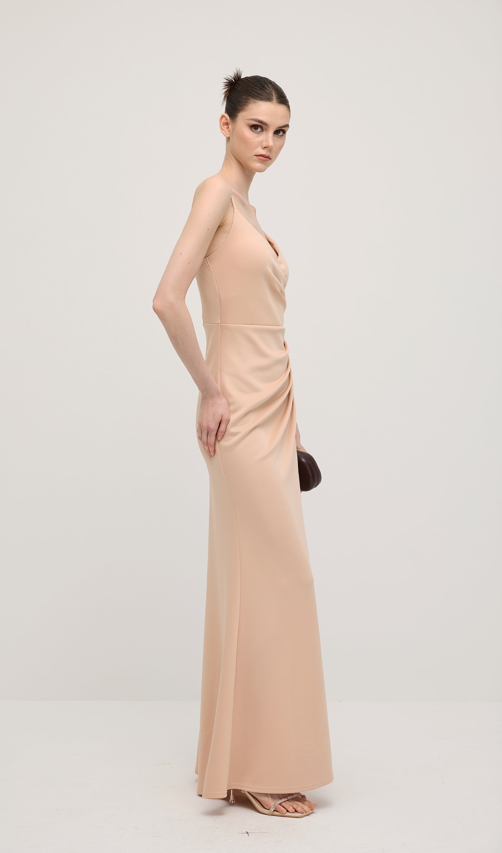 V Neck Sleeveless Slit Maxi Dress In Apricot