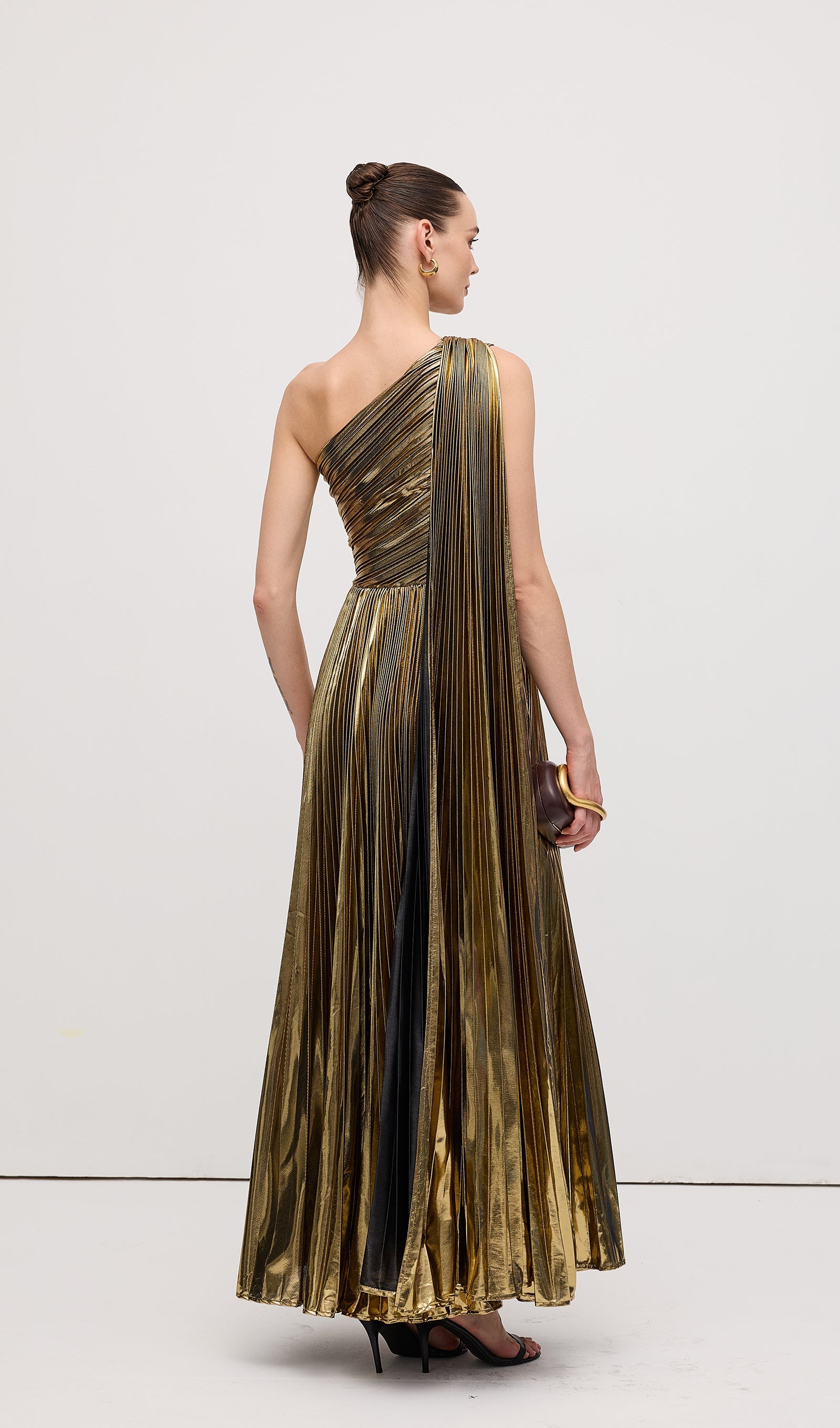 Pleated Metallic One Shoulder Maxi Dress