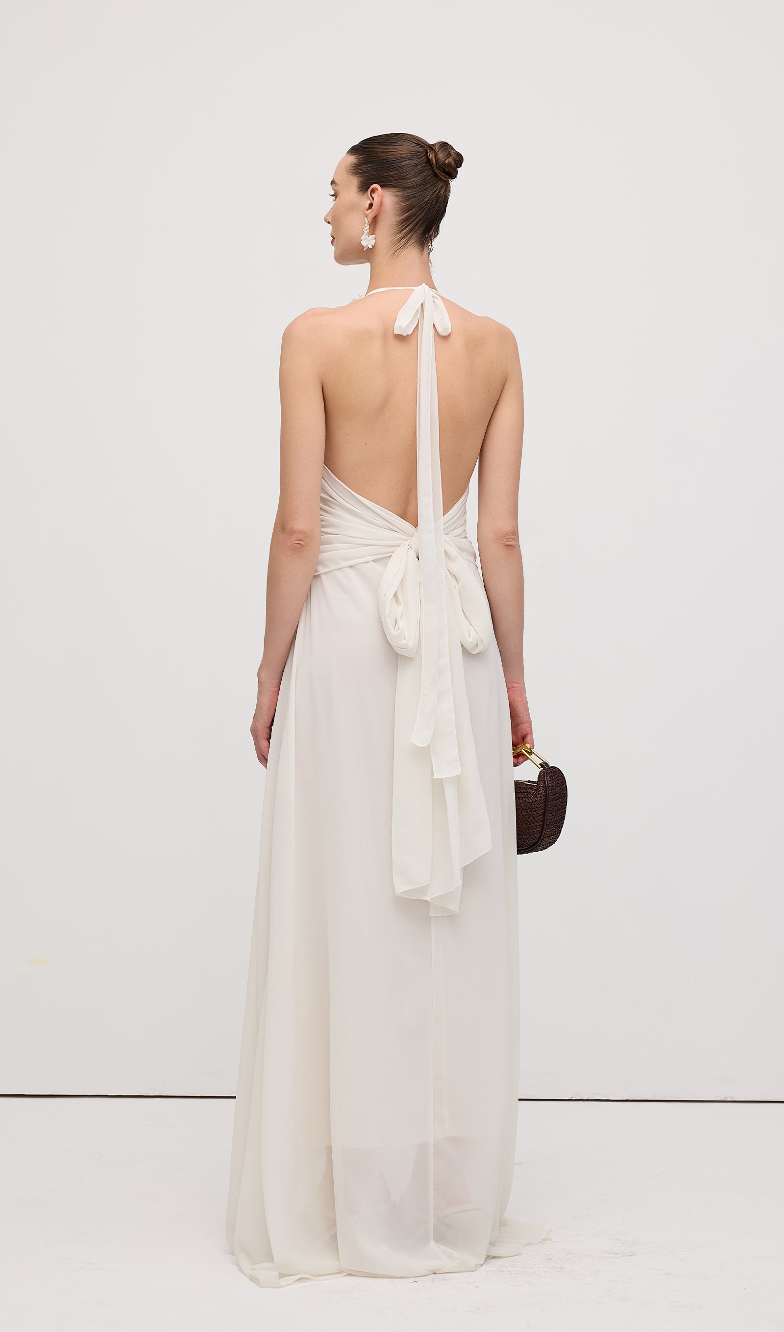 Halter Ruffles Rose Decoration Maxi Dress White