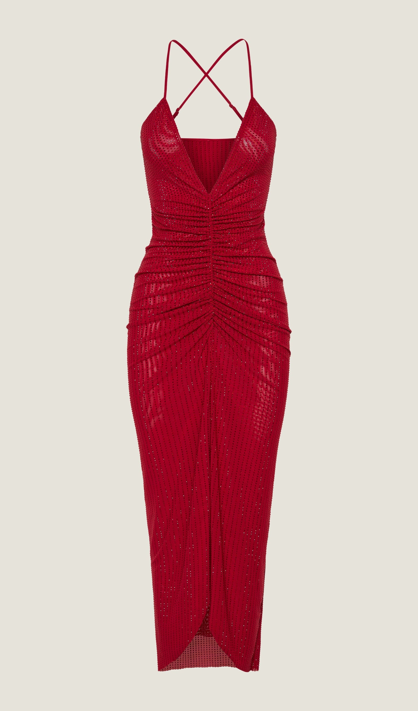 Solid Diamante Ruched Midi Dress In Red