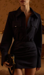 Lapel Collar And Draped Mini Dress Set In Black
