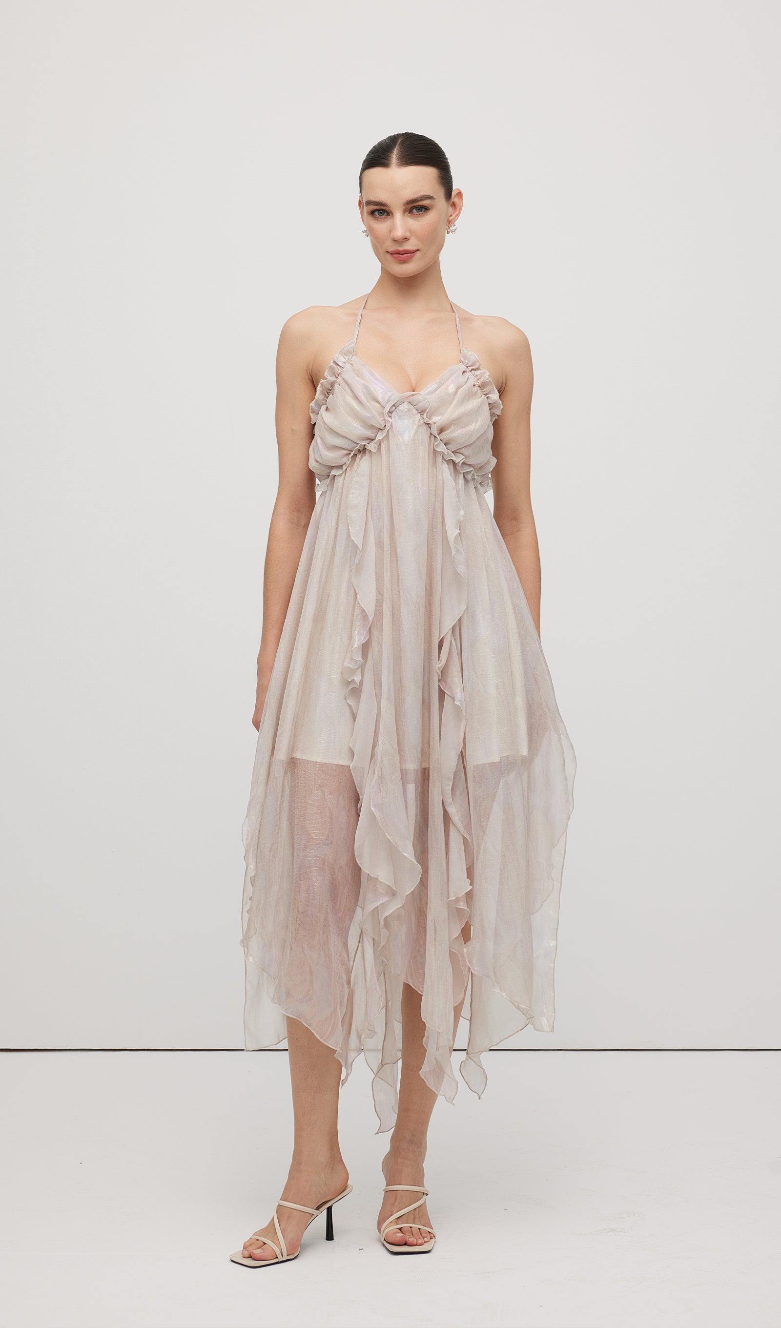 Halter Tulle Pleated Midi Dress