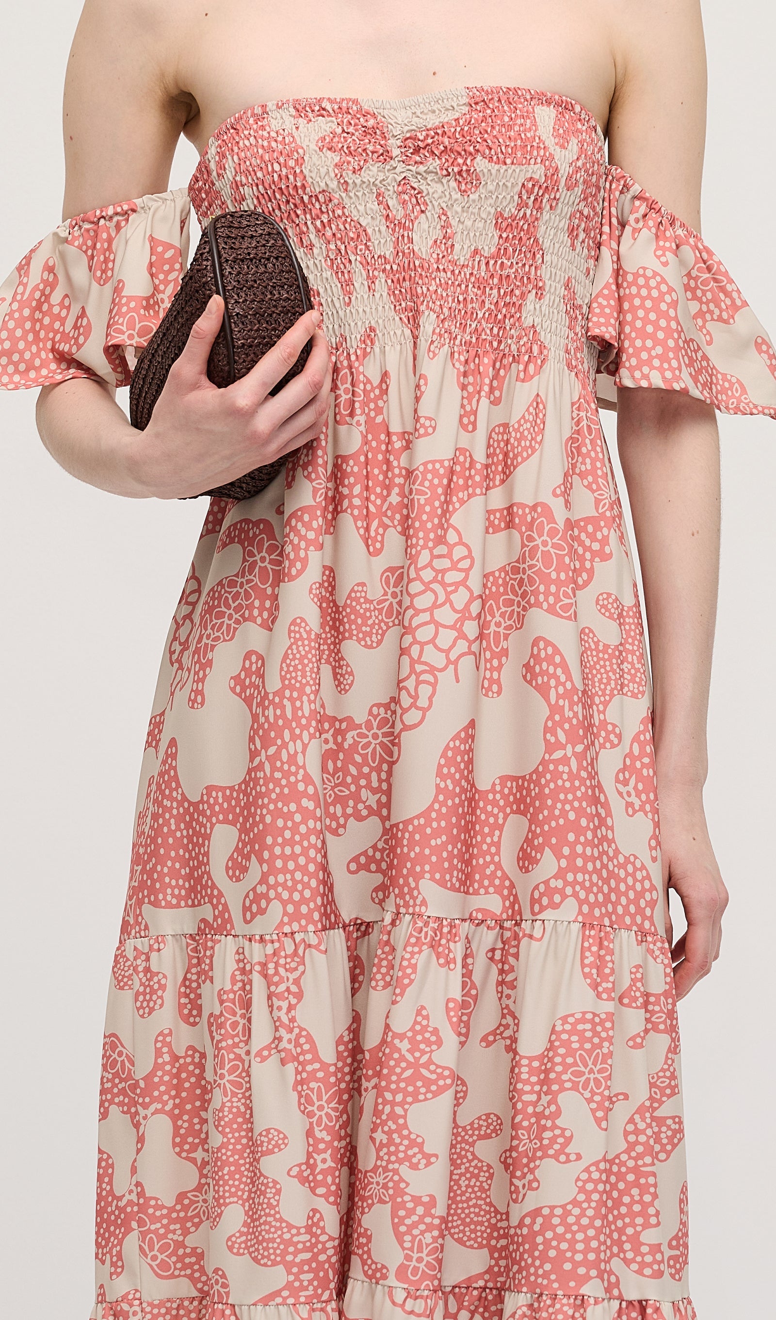 Off Shoulder Smocked Ruffle Printed Midi Dress