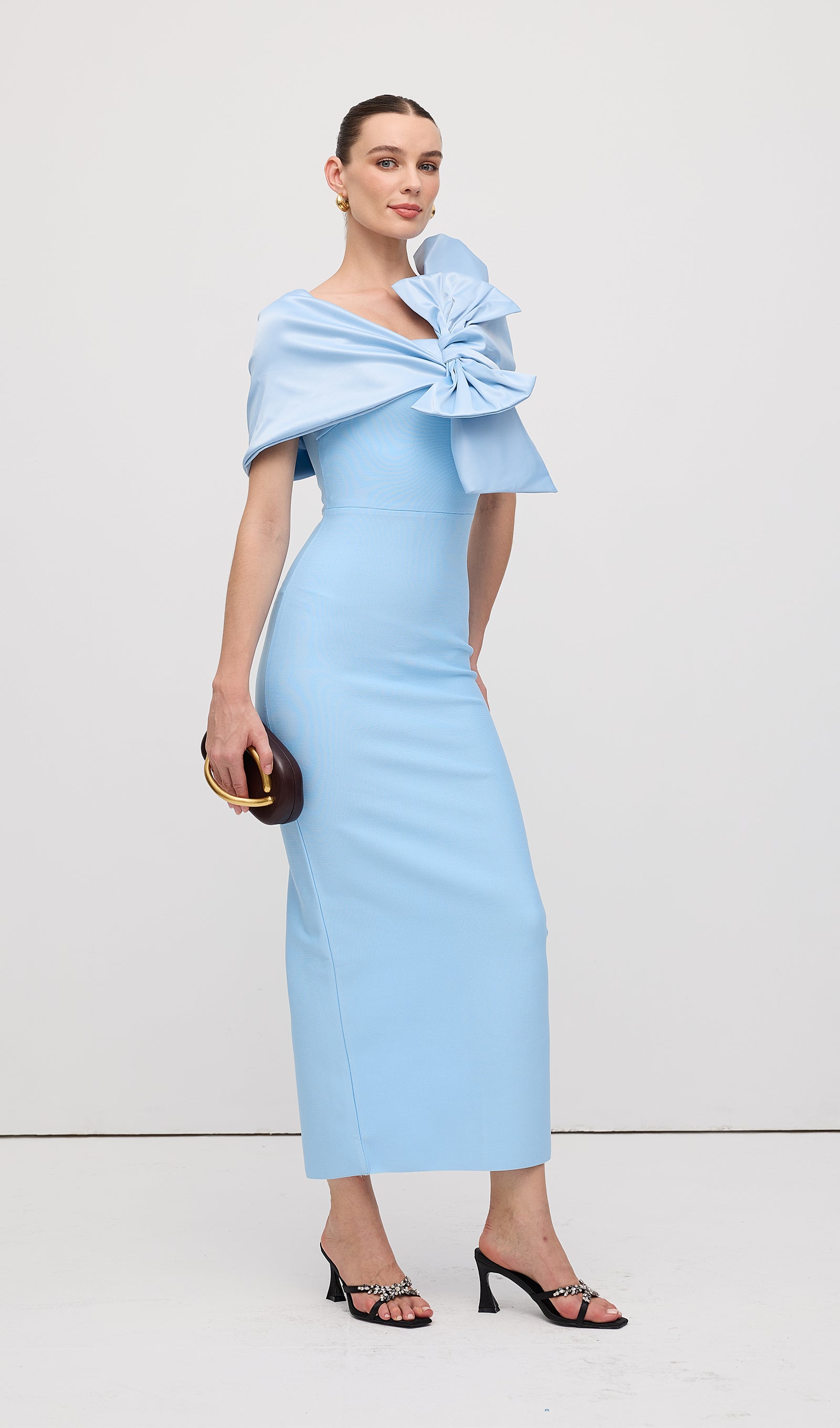 Shawl Strapless Collar Satin Maxi Dress