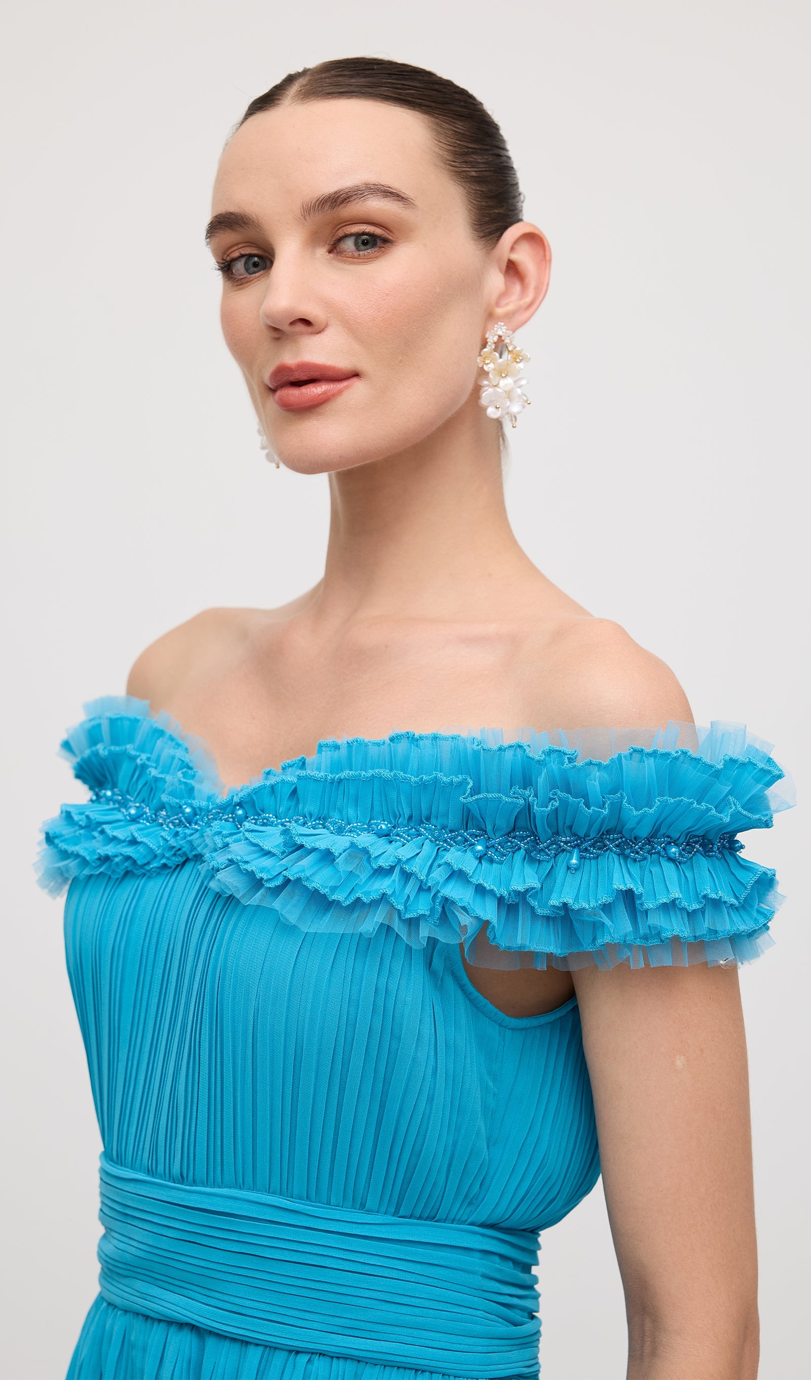 Solid Tiered Pleated Strapless Gown Maxi Dress