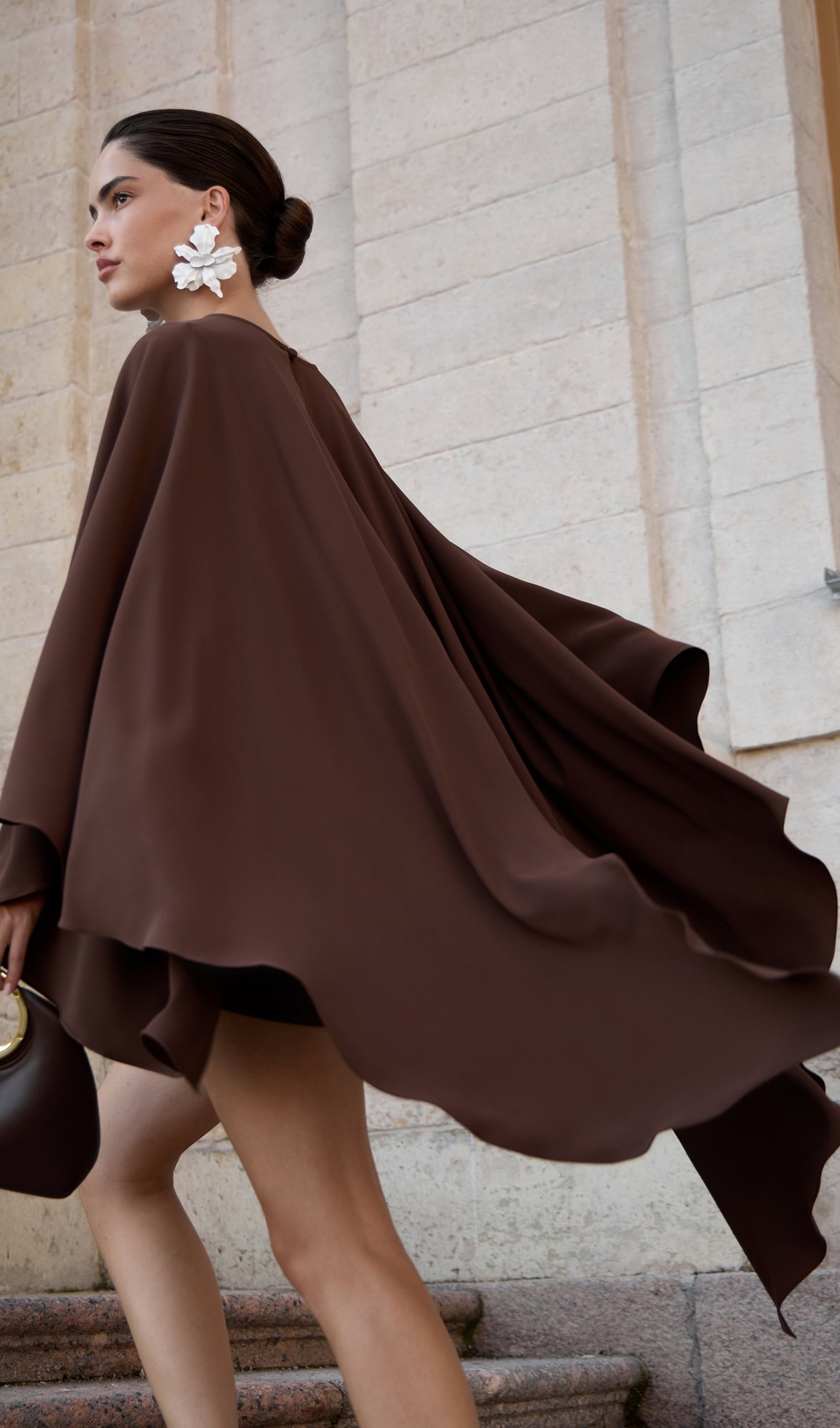 Mini Dress With Flowing Cape In Brown