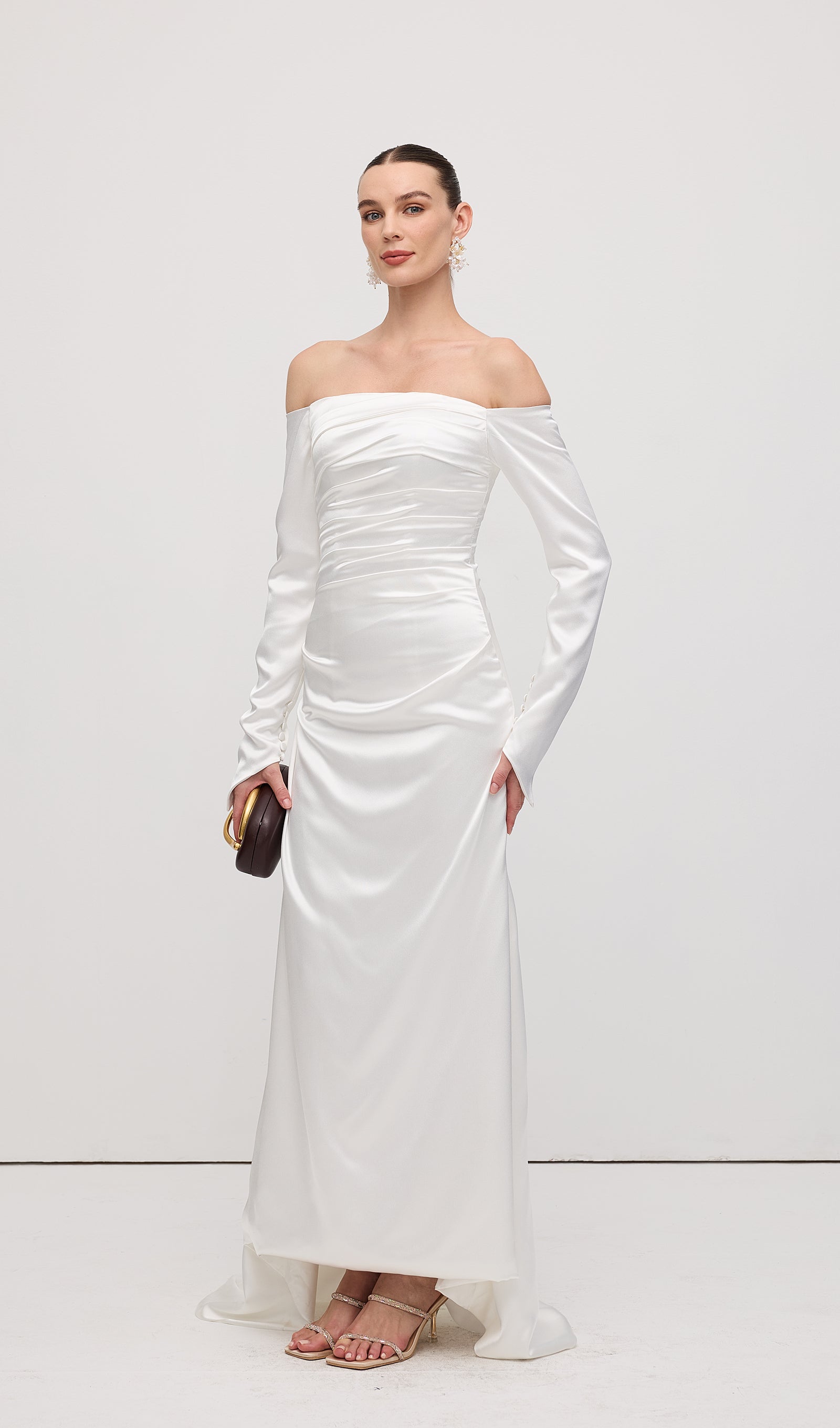 Satin Off Shoulder Ruched Maxi Dress