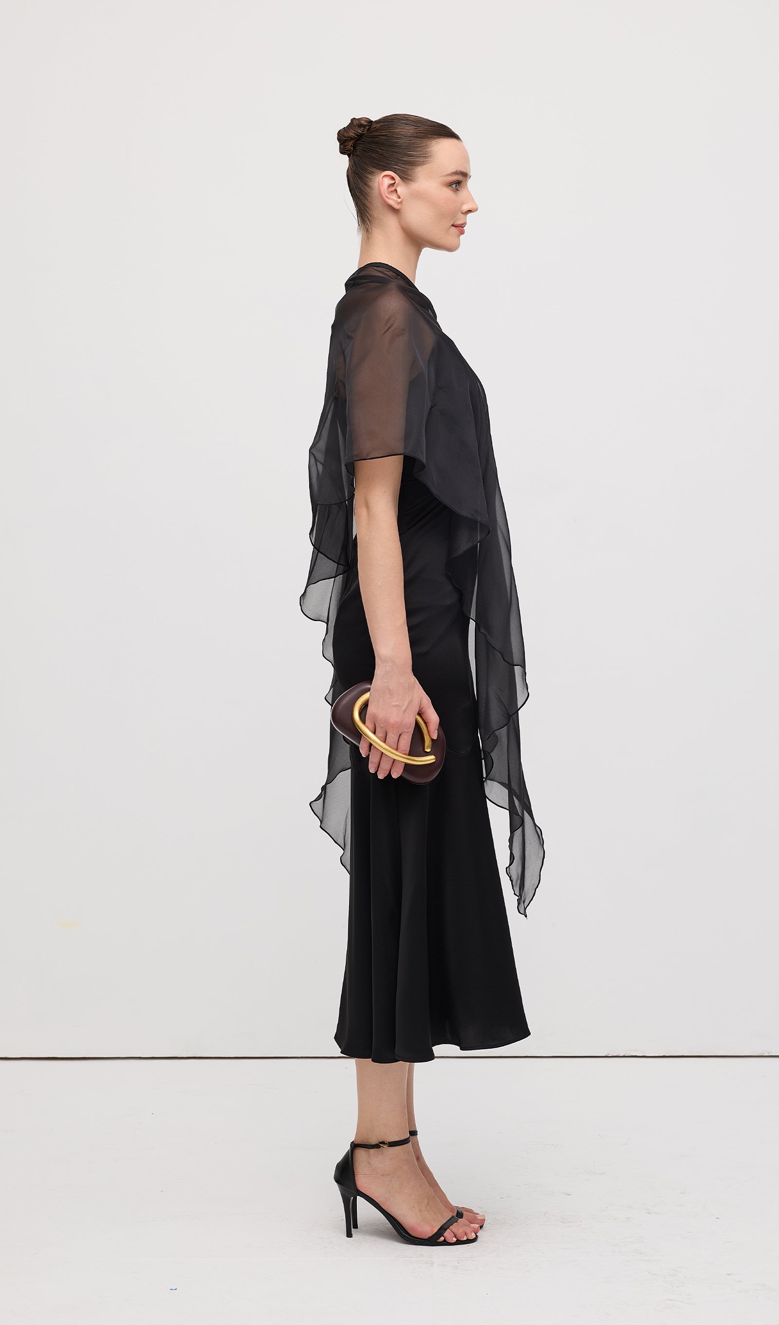 Asymmetric Cape With Satin Midi Dress