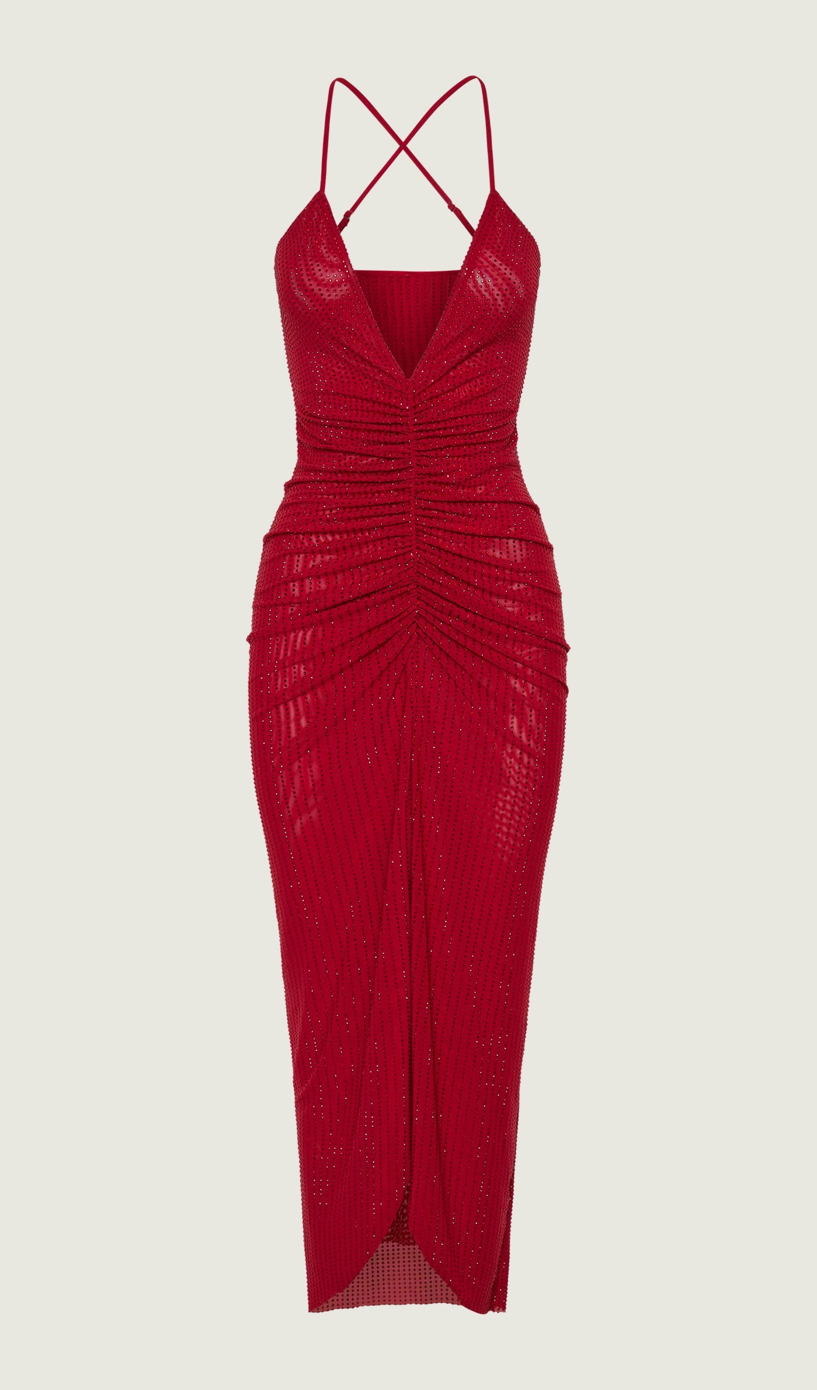Diamante Ruched Midi Dress In Red