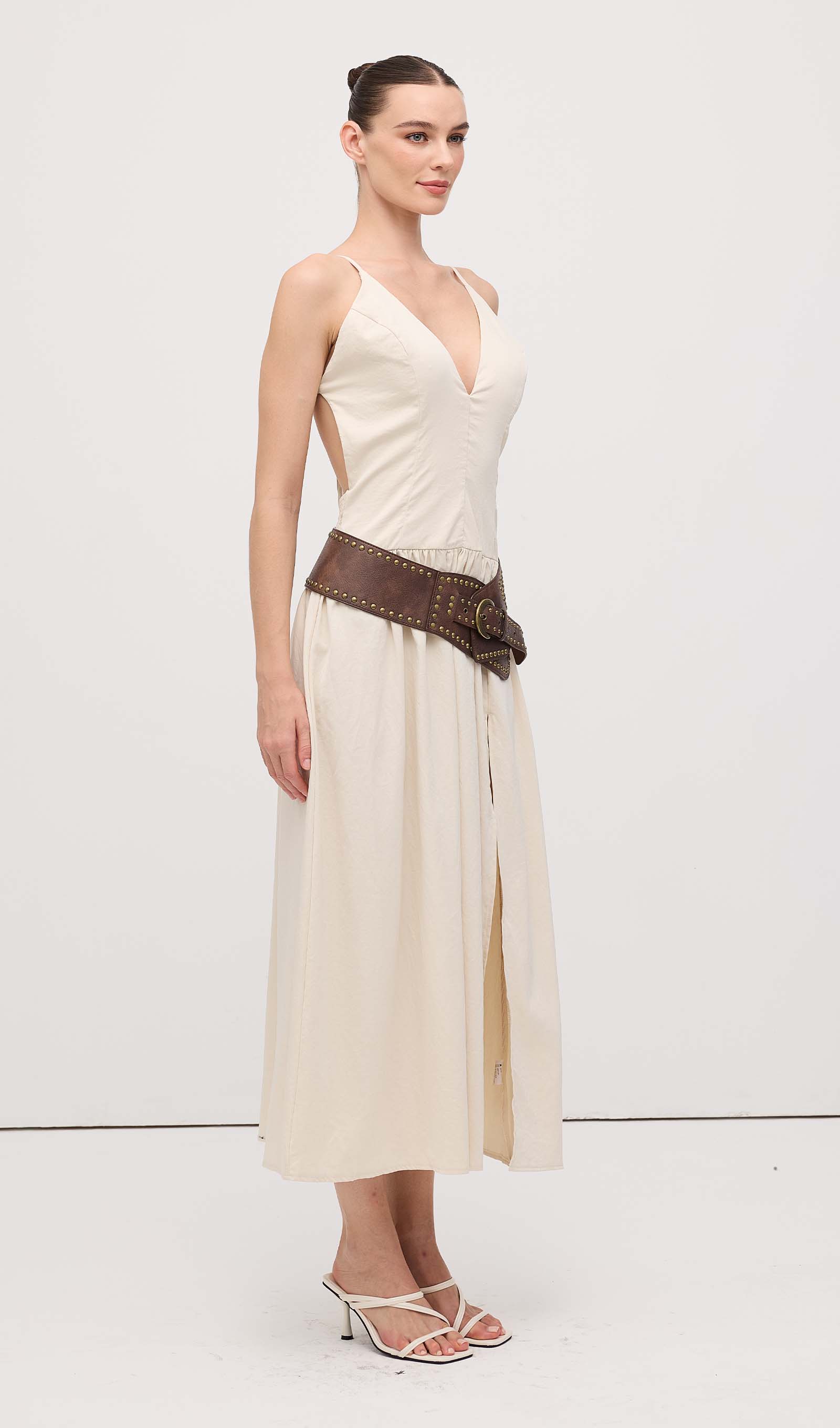 Slit Sleeveless Midi Dress With Belt