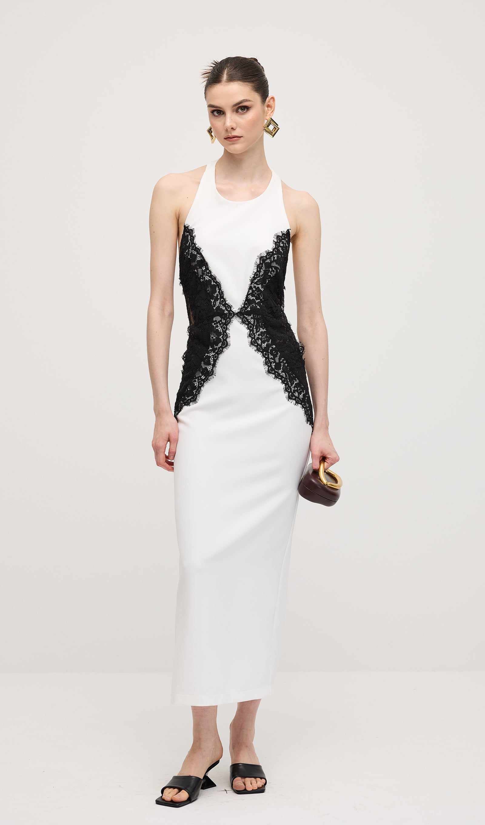 Open Back Maxi Dress In Crepe & Lace