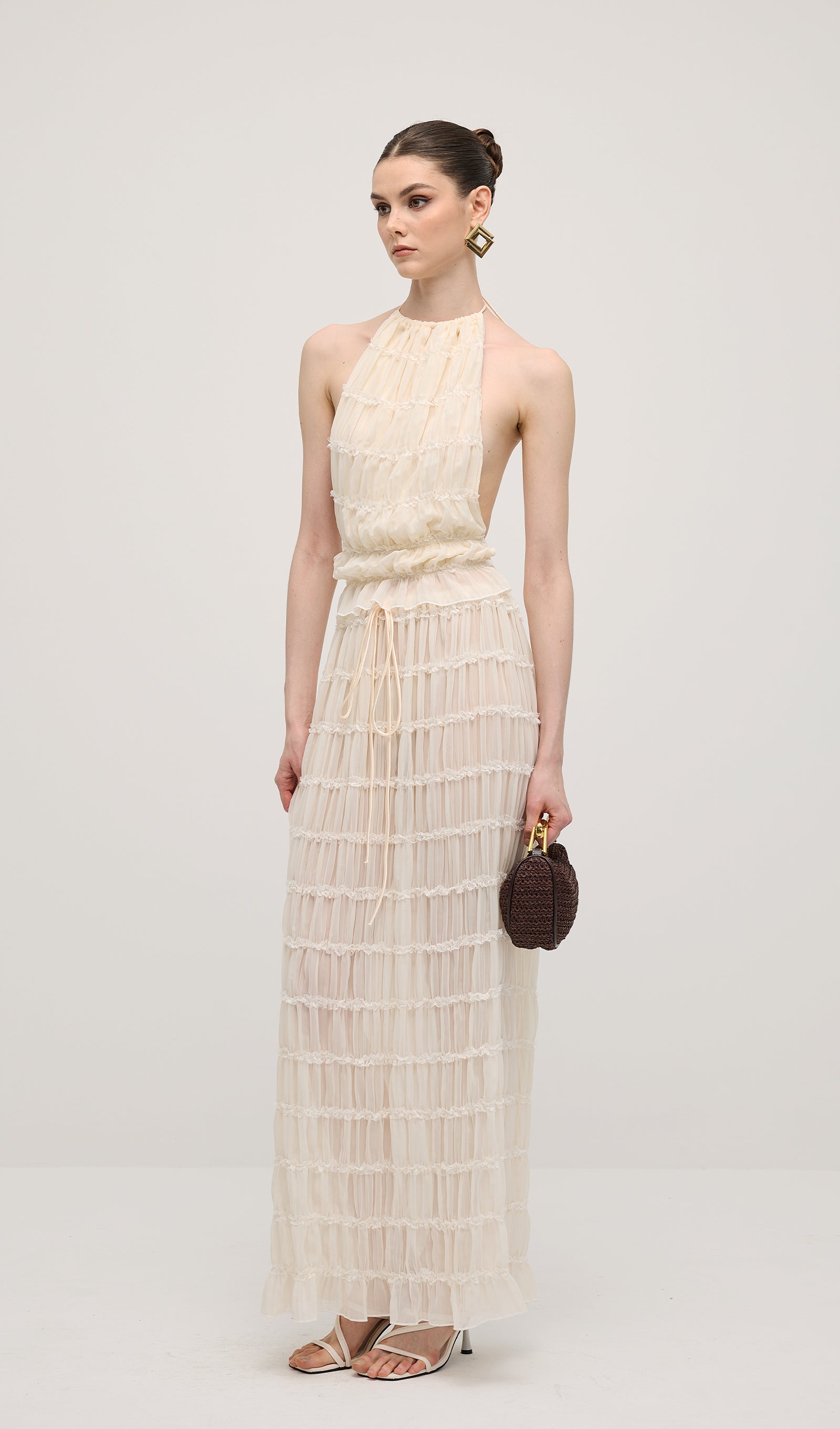 Halter Top & Ruched Detail Maxi Skirt Sets In White