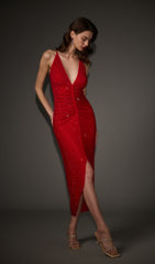 Diamante Ruched Midi Dress In Red