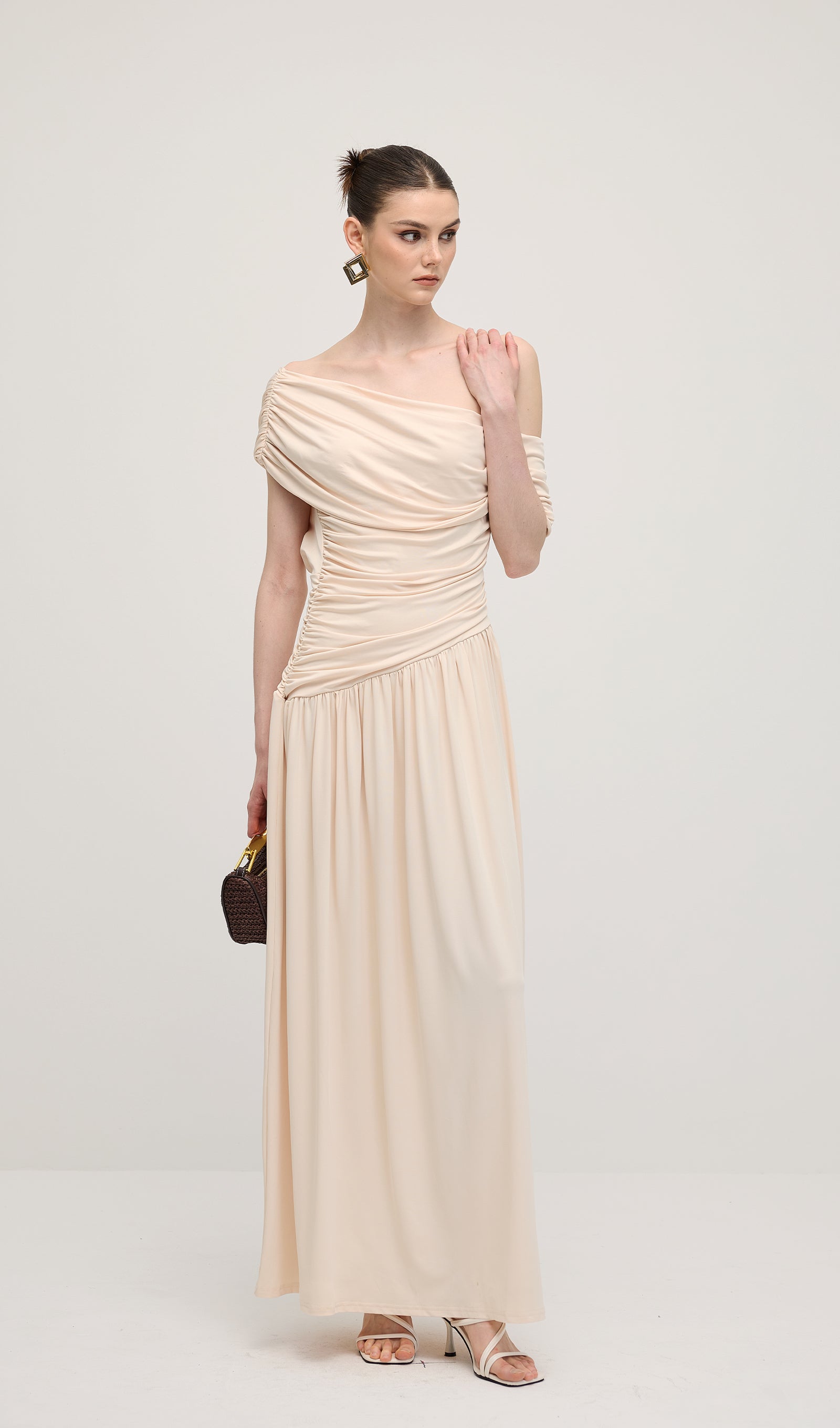 Off Shoulder Pleated Maxi Dress In Dune