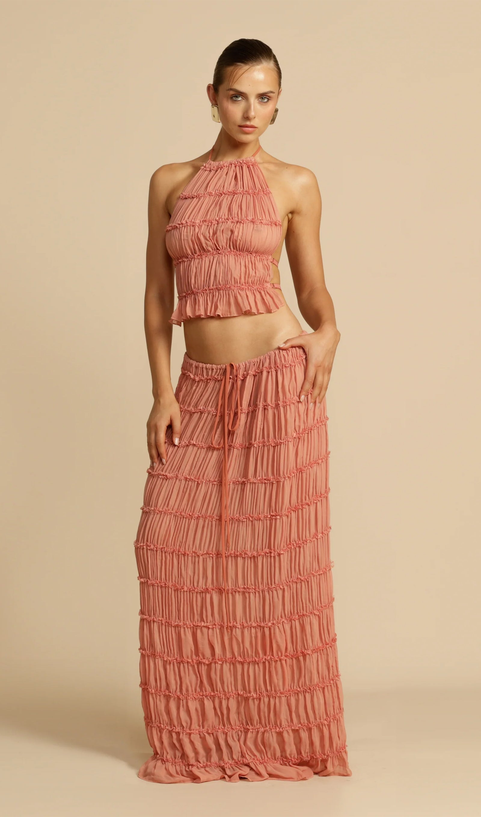 Halter Top & Ruched Detail Maxi Skirt Sets