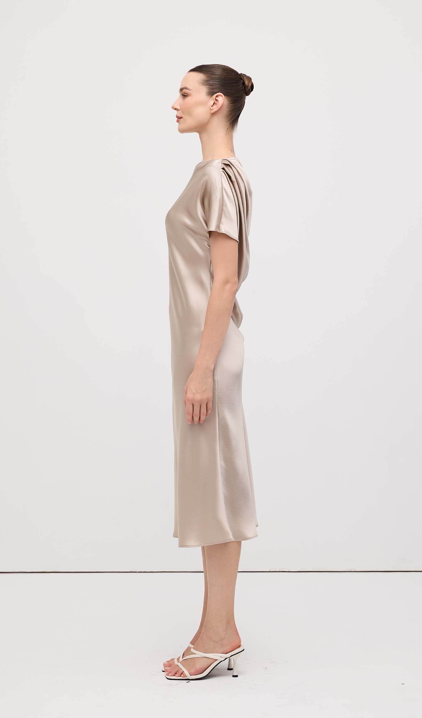 Asymmetric Satin Draped Midi Dress