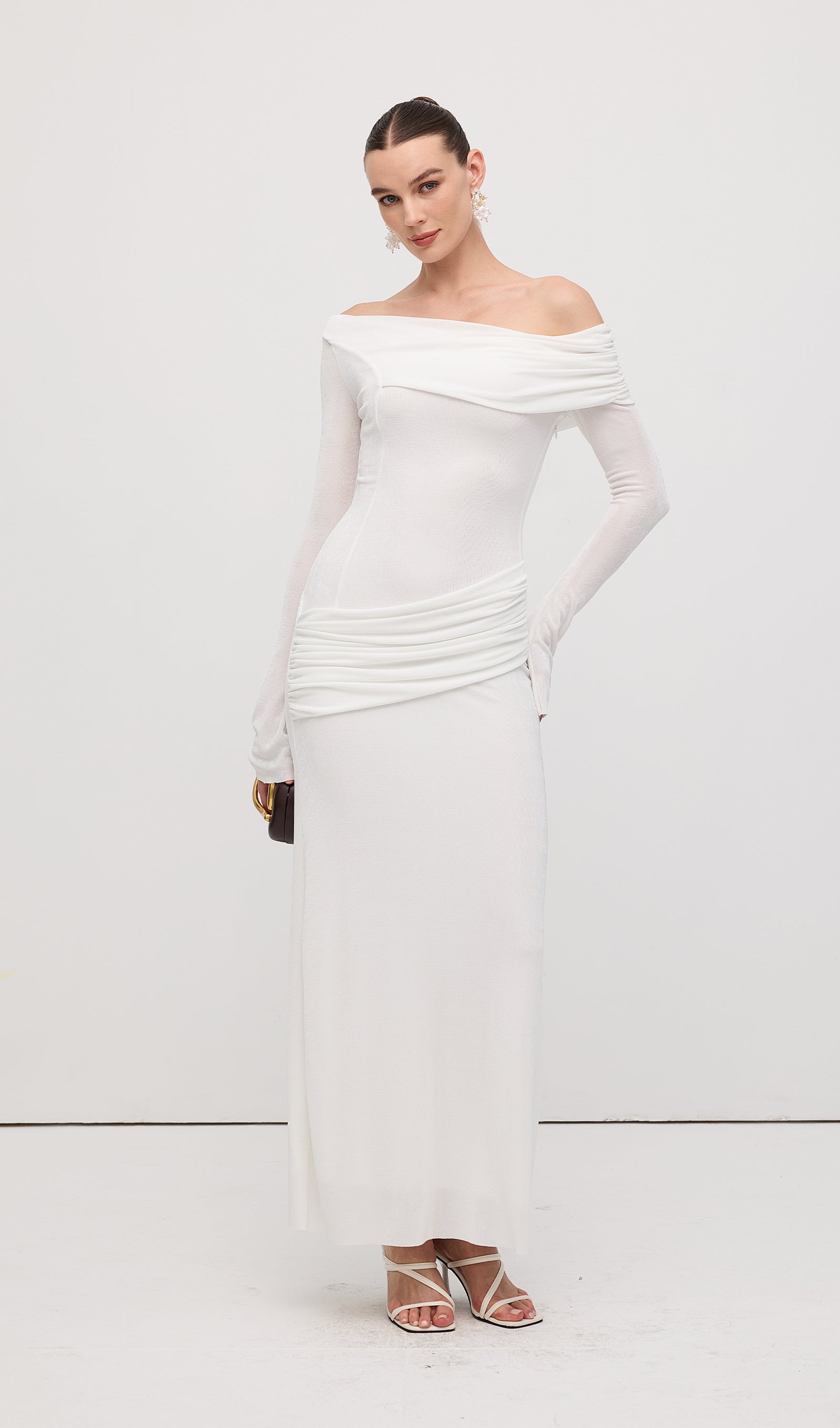 Single Jersey Knit  Draped Maxi Dress White