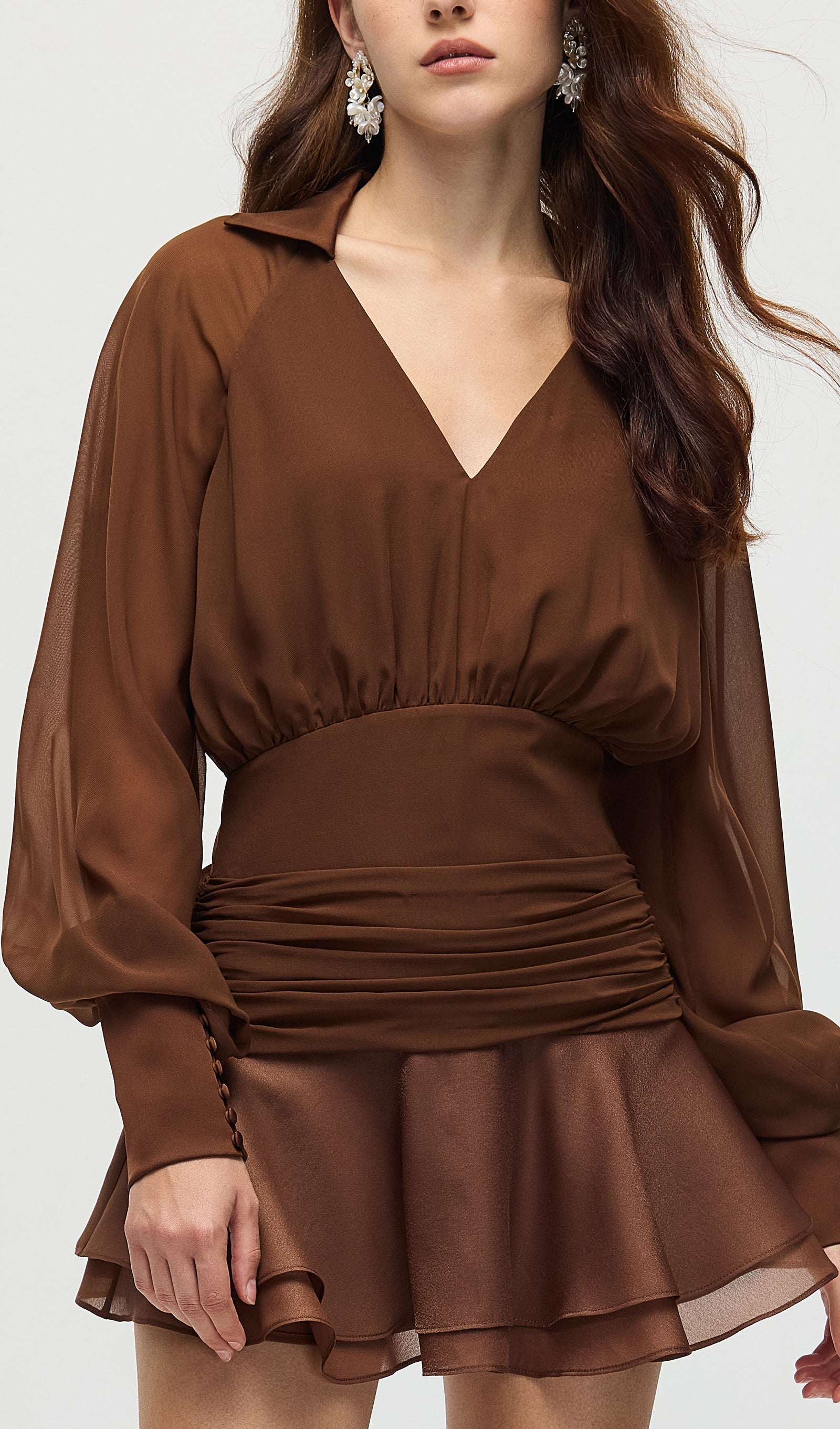 Solid Lantern Sleeve Mini Dress In Coffee