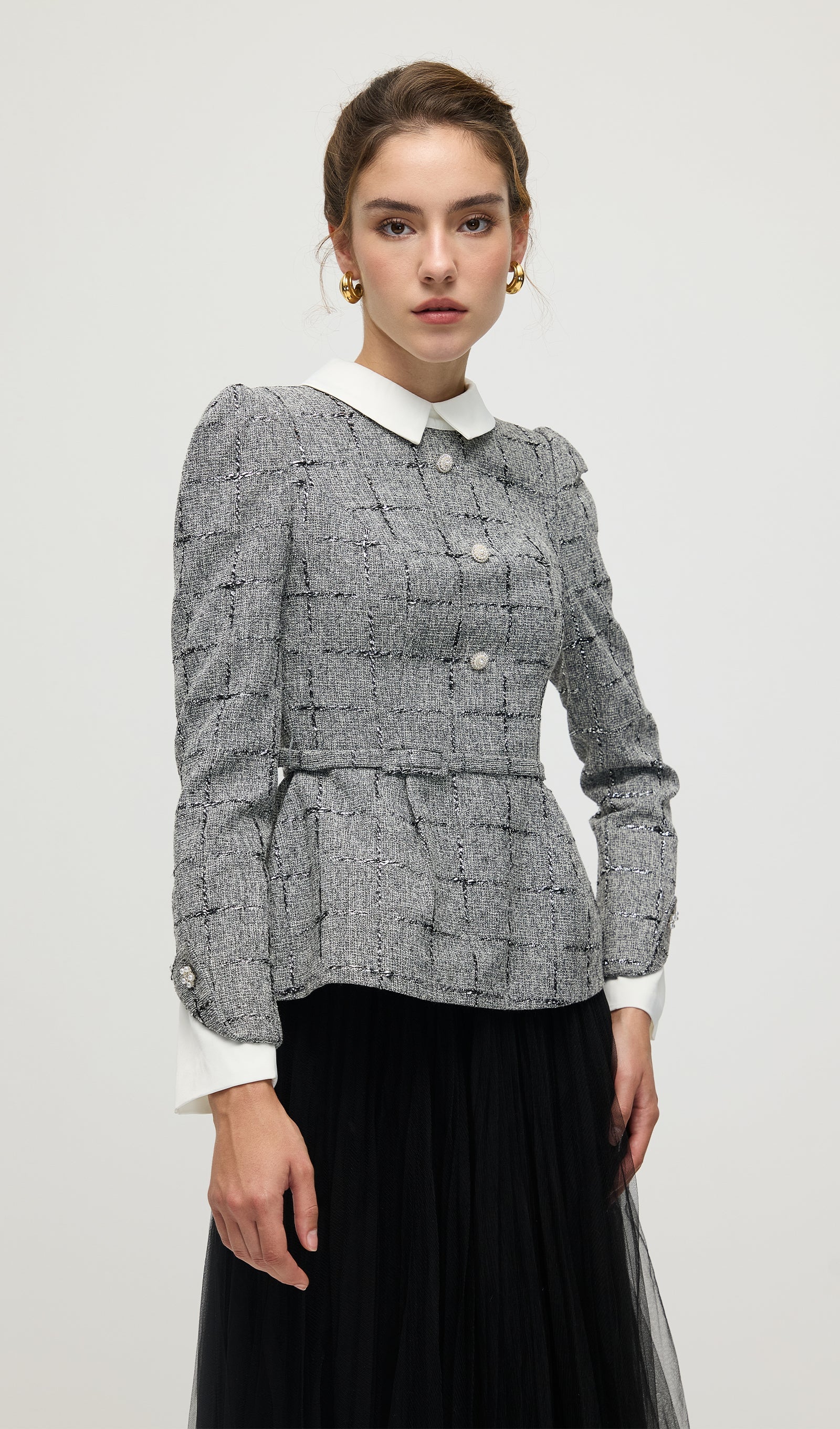 Peplum Tweed Top & Mesh Midi Skirt Set