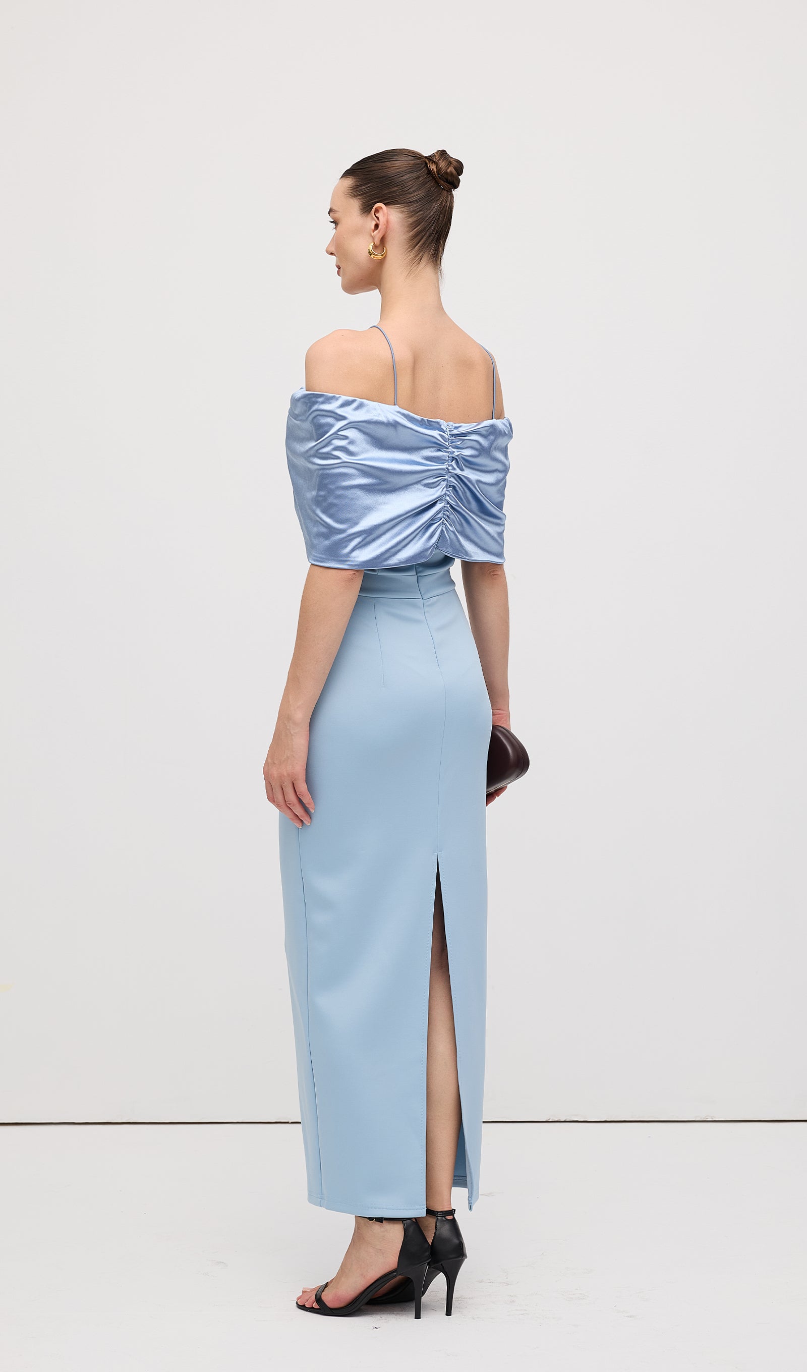 Off Shoulder Draped Satin Maxi Dress