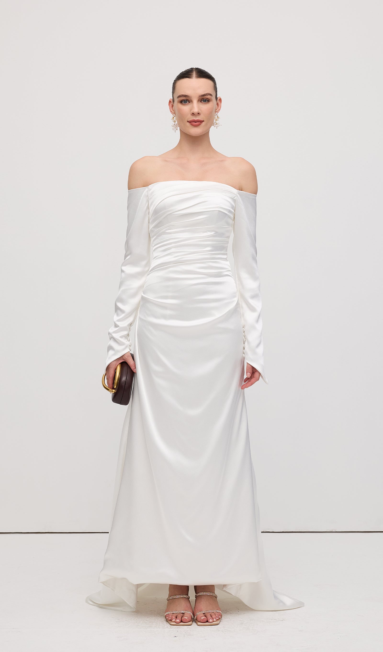 Satin Off Shoulder Ruched Maxi Dress