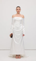 Satin Off Shoulder Ruched Maxi Dress