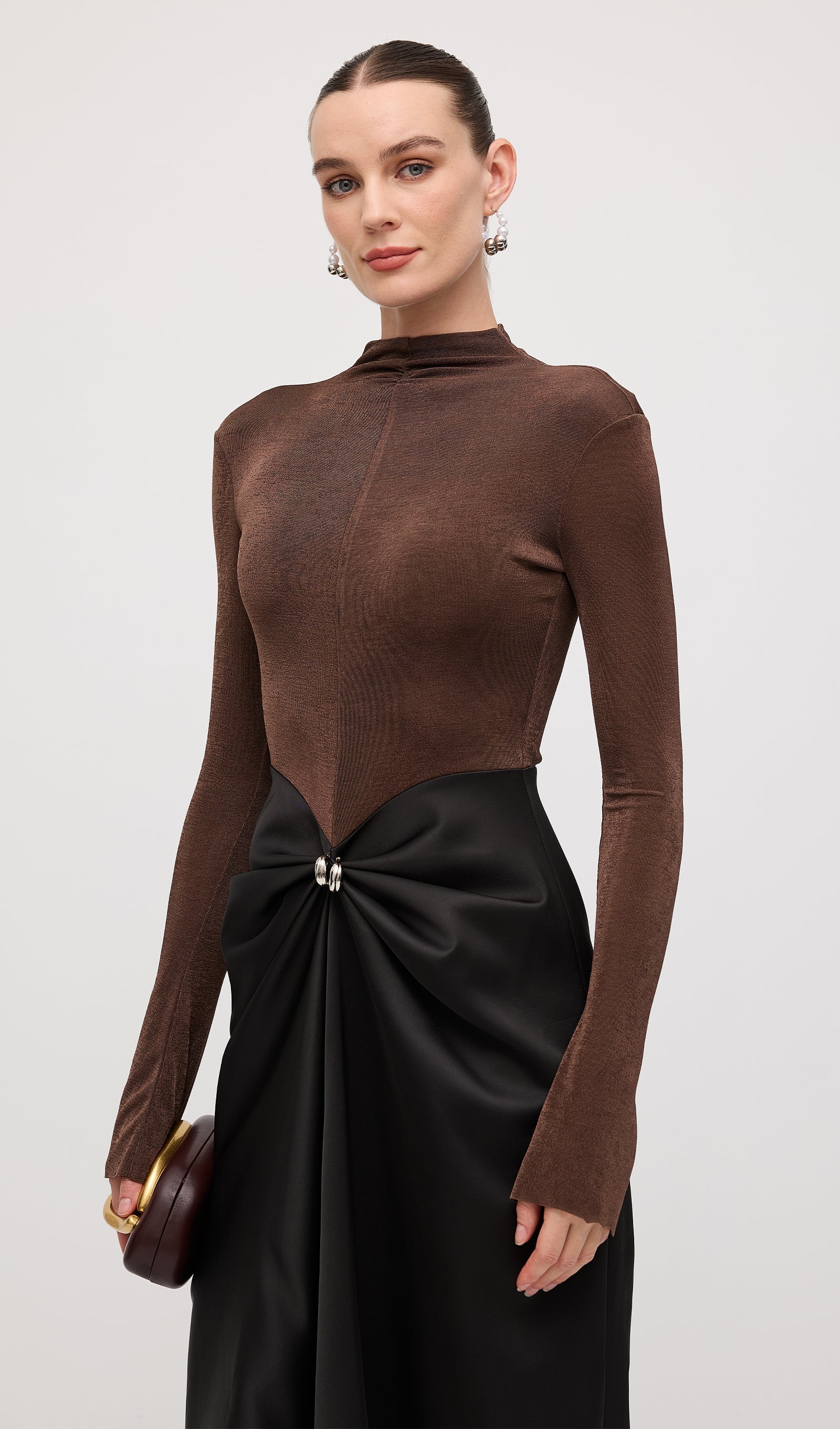 Asymmetrical Pleat Maxi Dress Brown