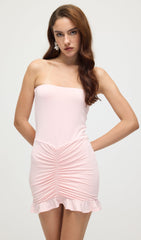 Slinky And Mesh Off Shoulder Mini Dress In Pale Pink