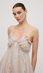 Halter Tulle Pleated Midi Dress In Pink