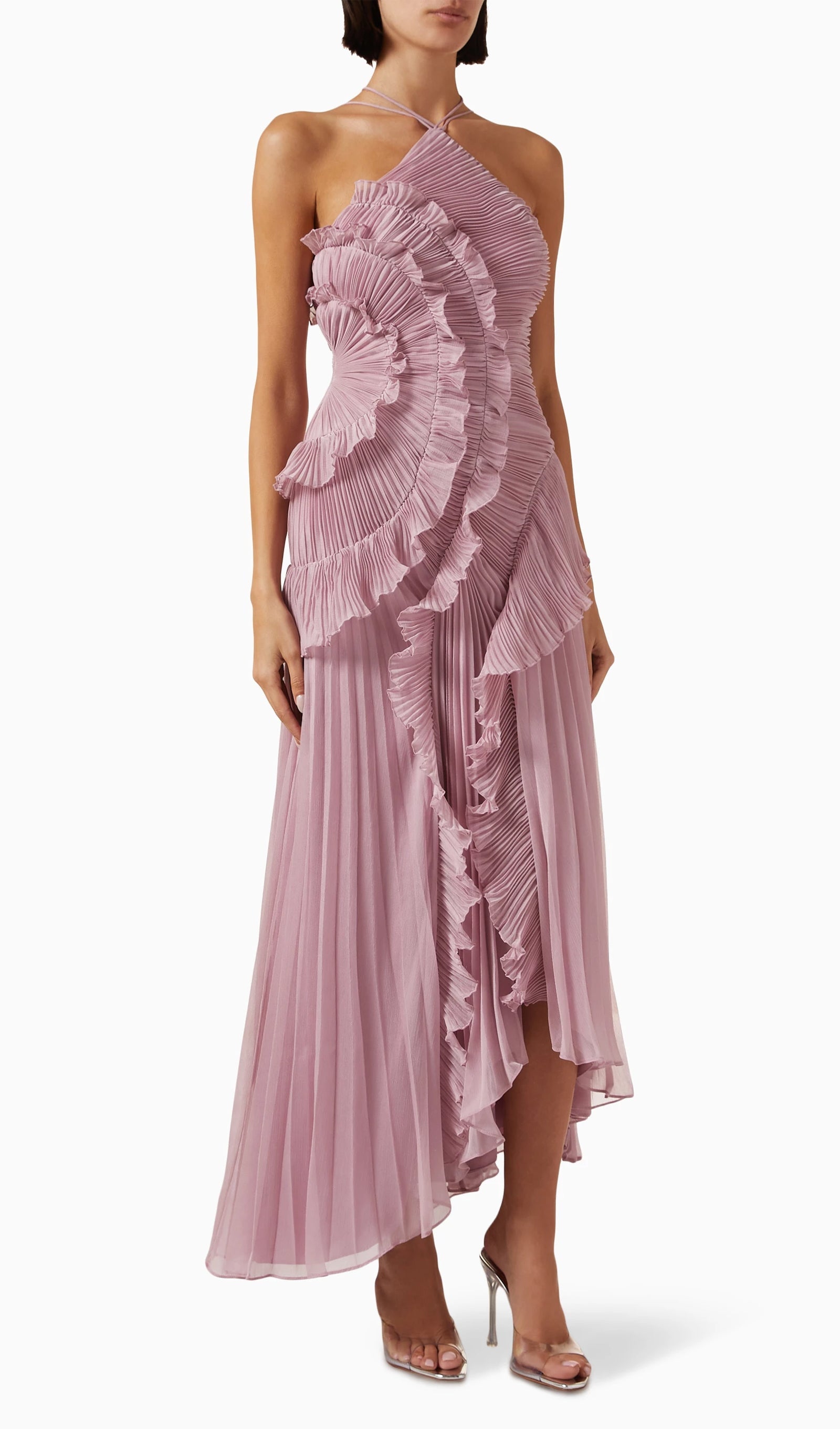 Asymmetry Ruffled Halter Maxi Dress