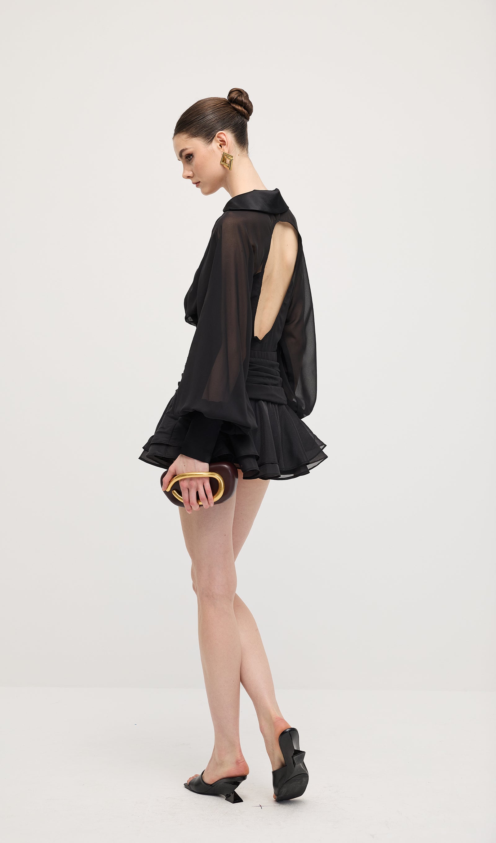 Solid Lantern Sleeve Mini Dress In Black