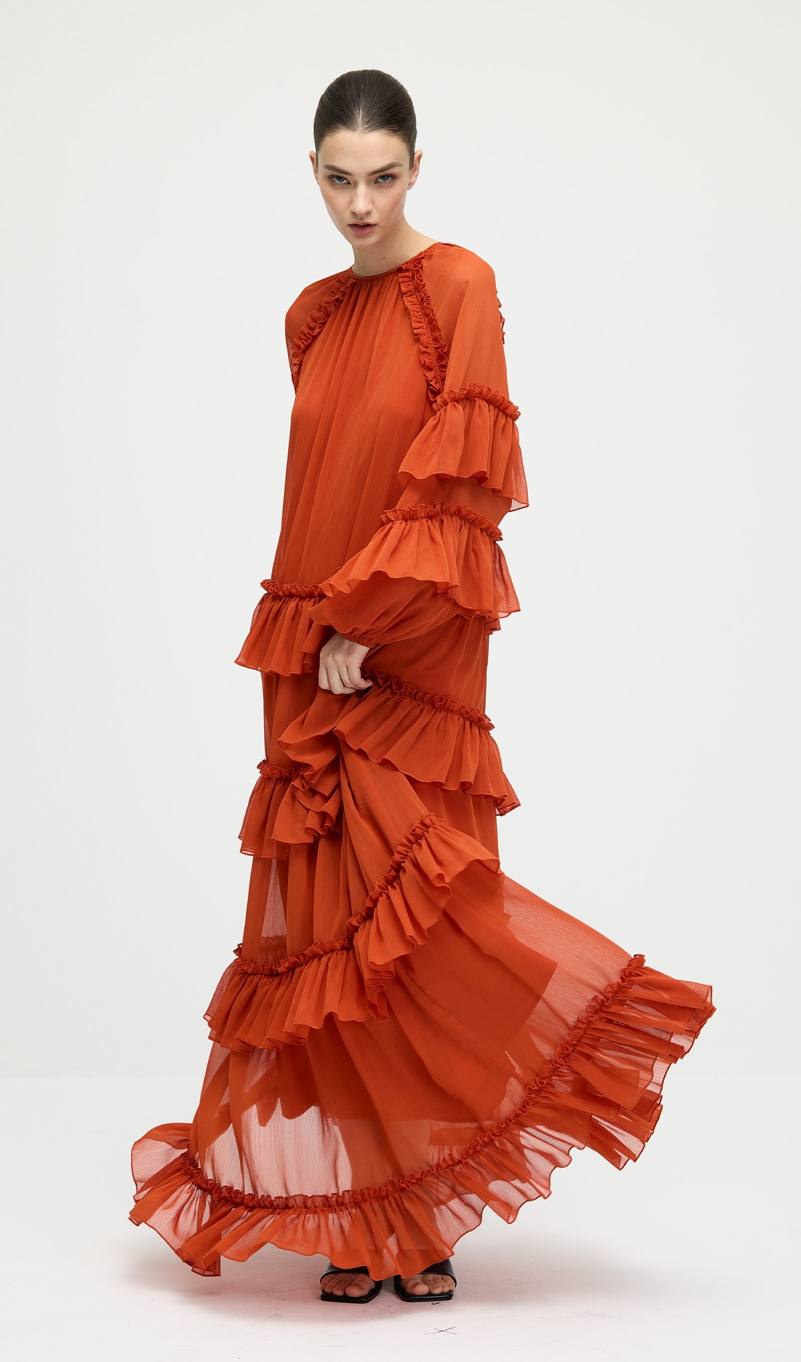 Ruffle Tiered Puff Sleeve Maxi Dress