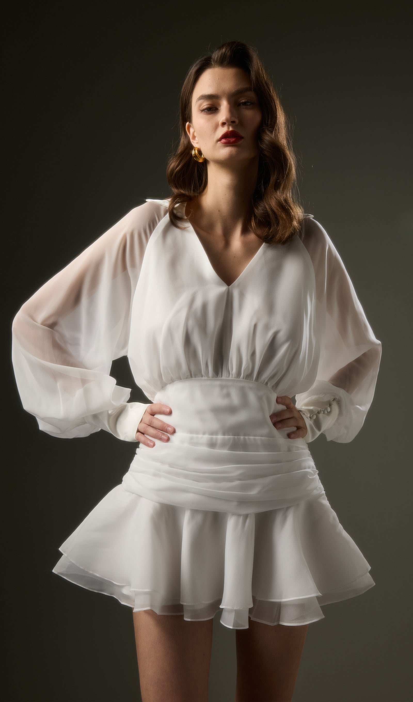 Solid Lantern Sleeve Mini Dress In White