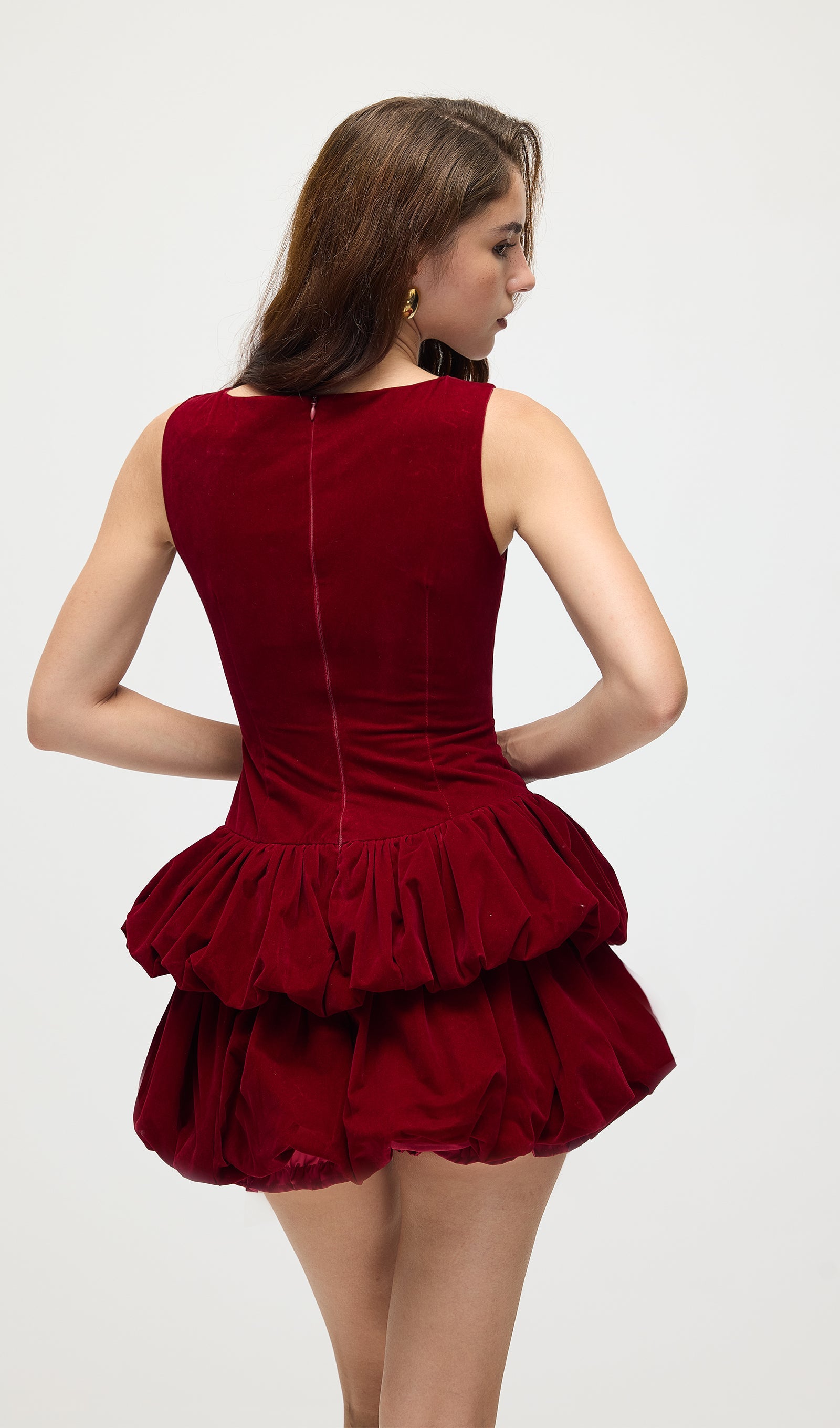 Velvet Tiered Mini Dress In Red